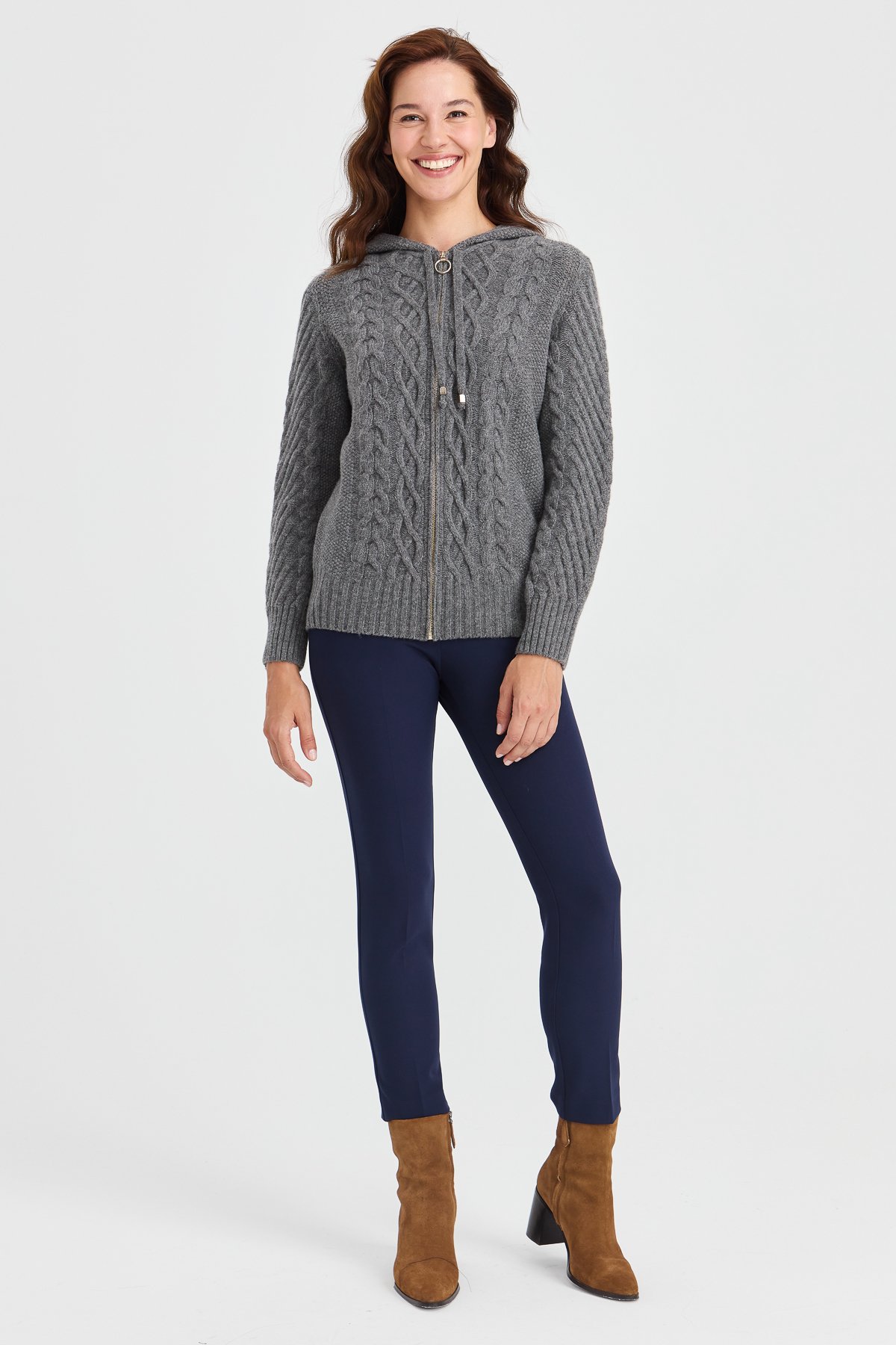 23198Kadın Kapüşonlu Saç Yürütme Örgülü Yün Ceket Füme