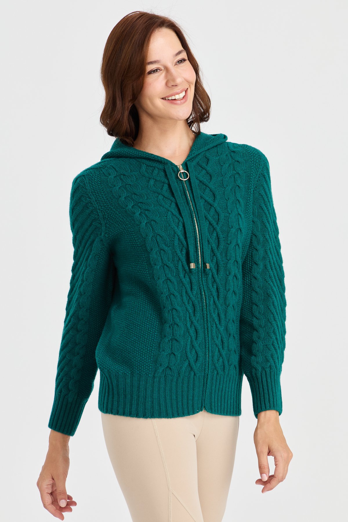 23198Kadın Kapüşonlu Saç Yürütme Örgülü Yün Ceket K.Ö.başı