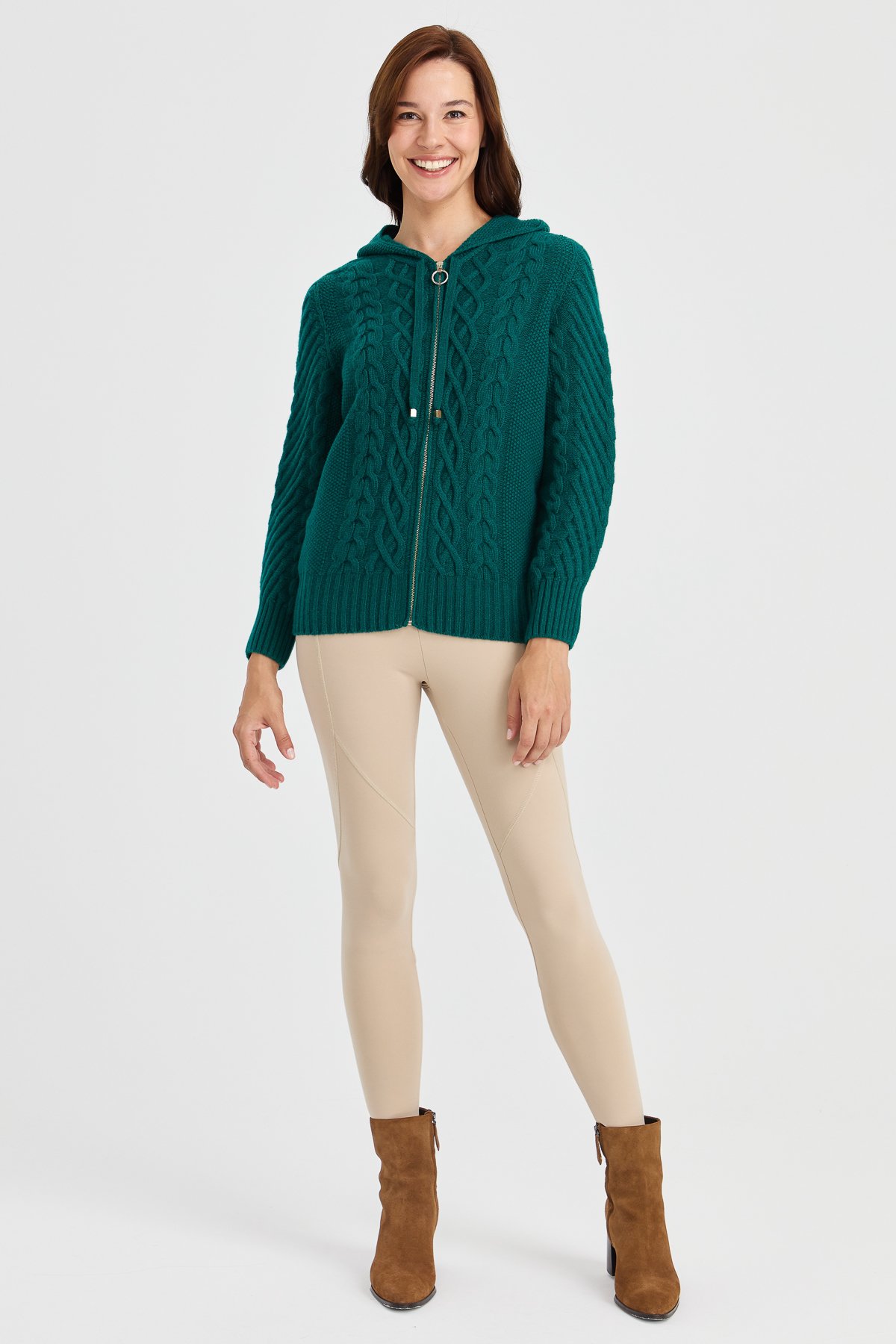 23198Kadın Kapüşonlu Saç Yürütme Örgülü Yün Ceket K.Ö.başı