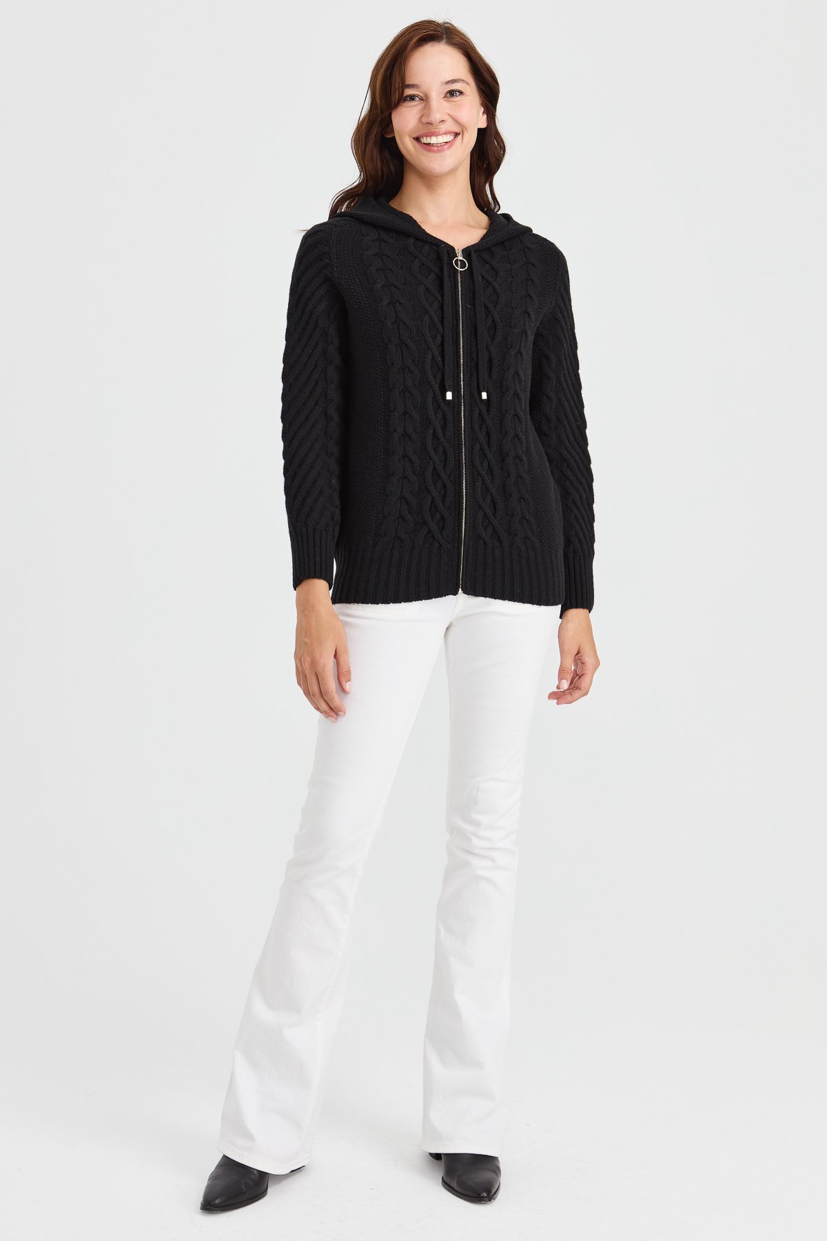 23198Kadın Kapüşonlu Saç Yürütme Örgülü Yün Ceket Siyah