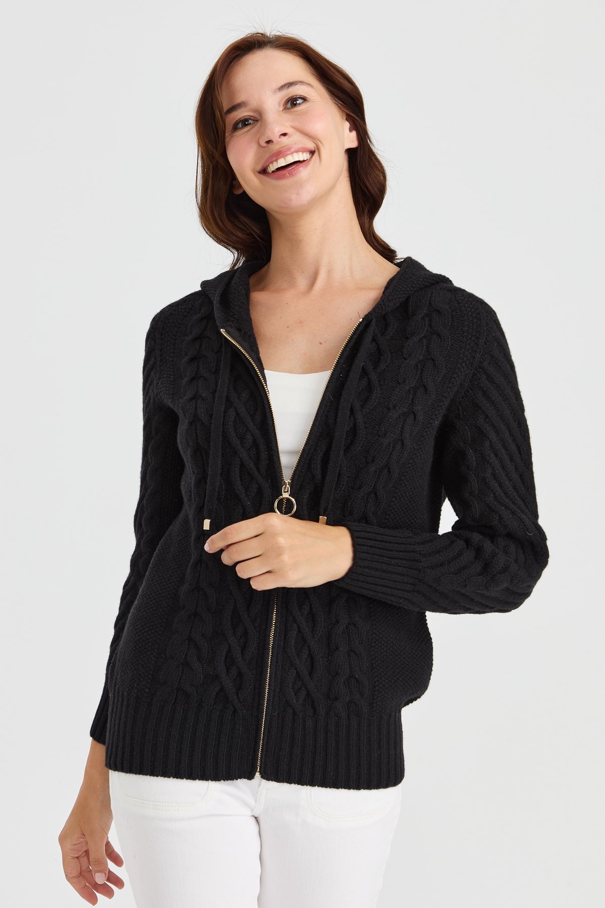 23198Kadın Kapüşonlu Saç Yürütme Örgülü Yün Ceket Siyah