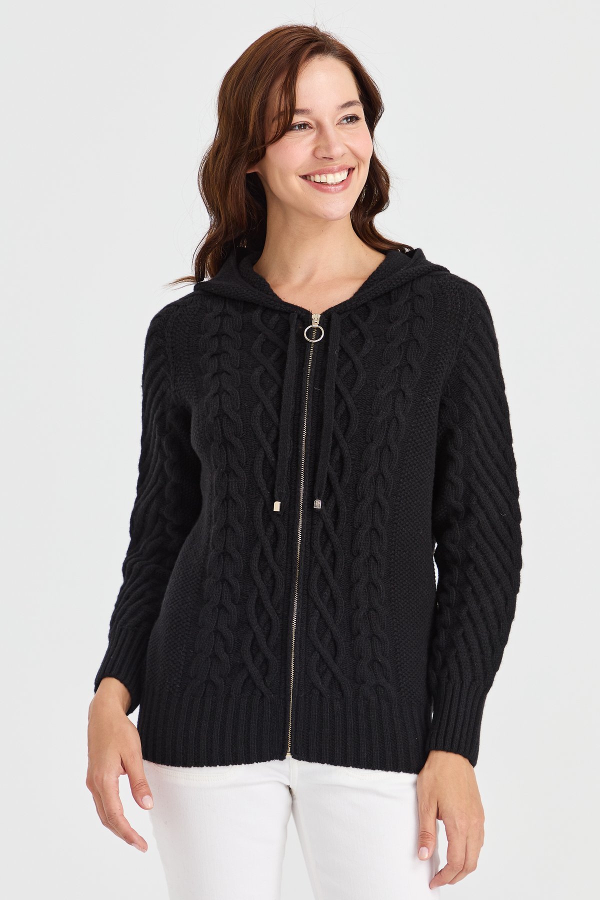 23198Kadın Kapüşonlu Saç Yürütme Örgülü Yün Ceket Siyah
