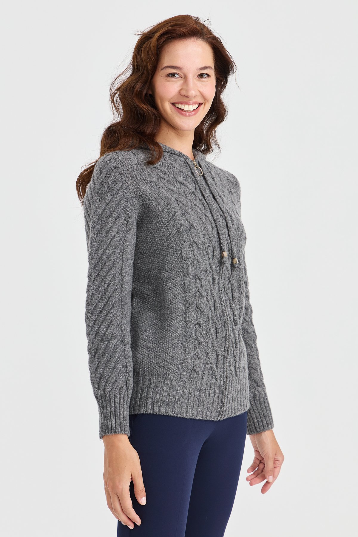 23198Kadın Kapüşonlu Saç Yürütme Örgülü Yün Ceket Füme