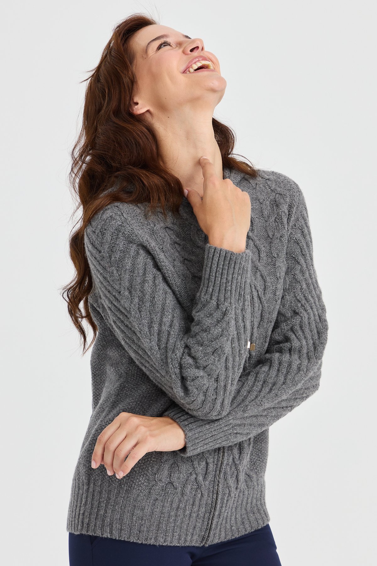 23198Kadın Kapüşonlu Saç Yürütme Örgülü Yün Ceket Füme