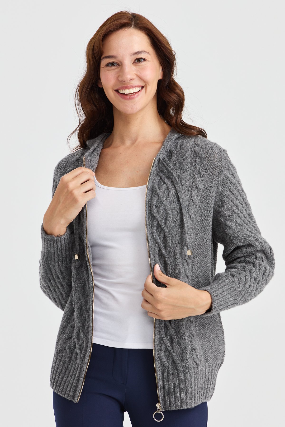 23198Kadın Kapüşonlu Saç Yürütme Örgülü Yün Ceket Füme