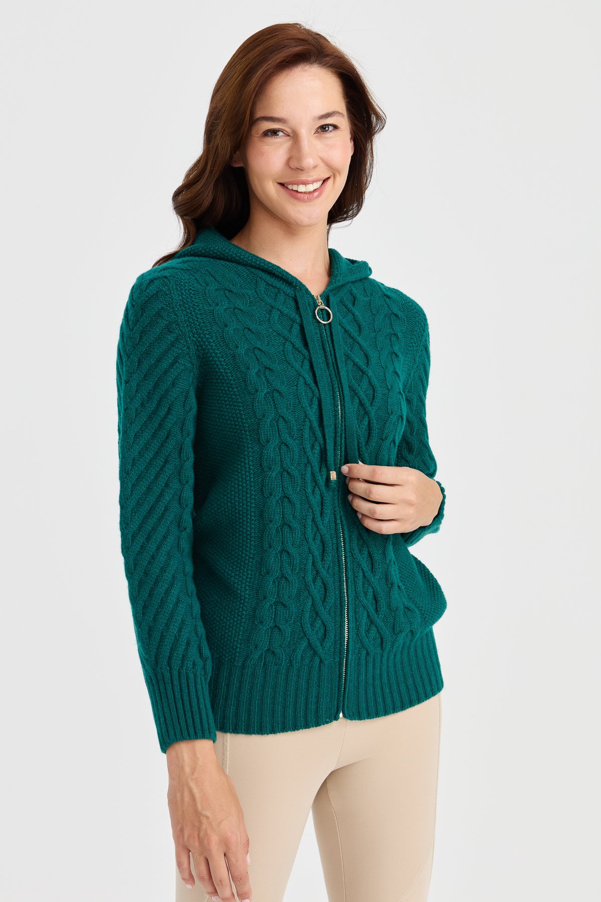 23198Kadın Kapüşonlu Saç Yürütme Örgülü Yün Ceket K.Ö.başı