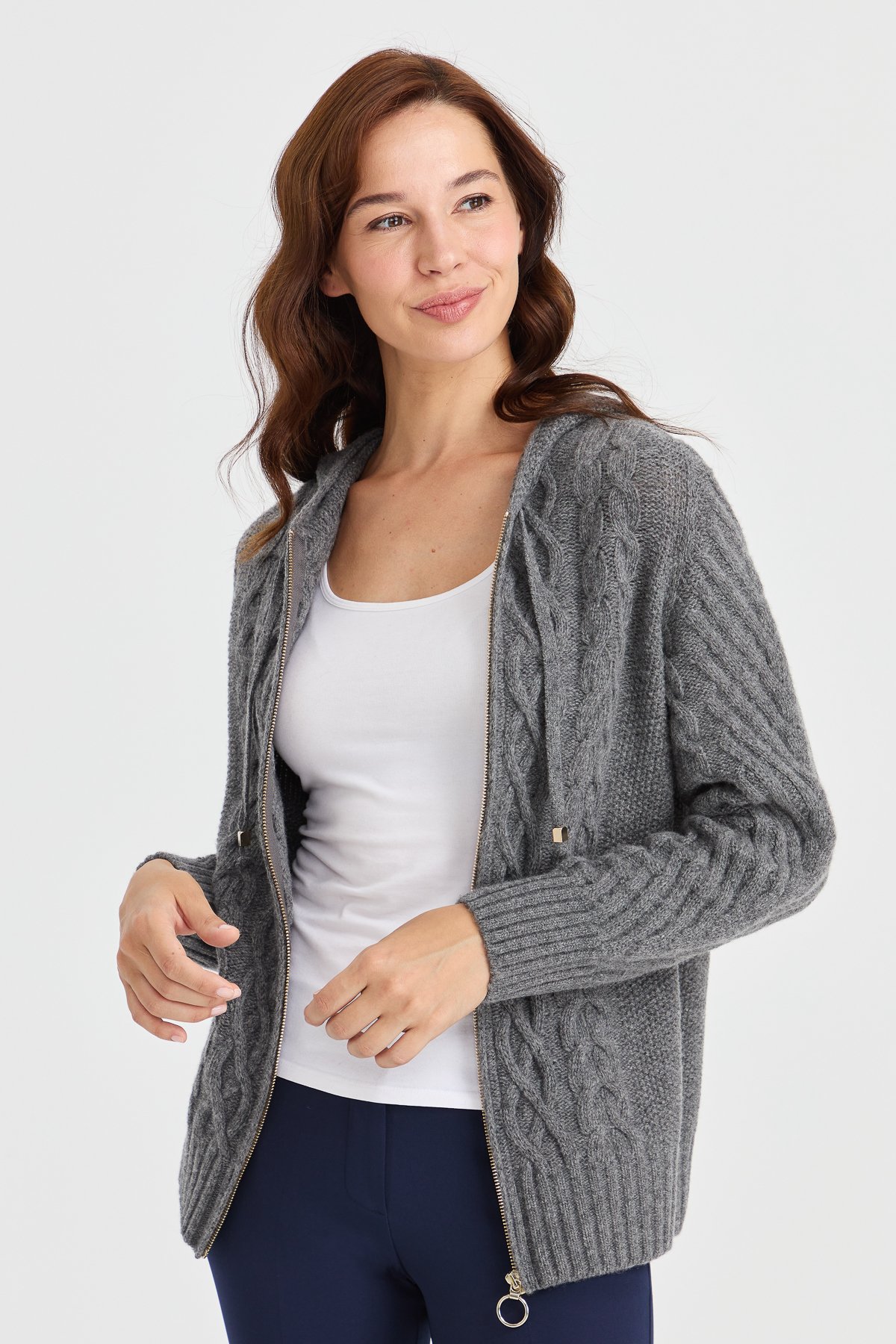 23198Kadın Kapüşonlu Saç Yürütme Örgülü Yün Ceket Füme