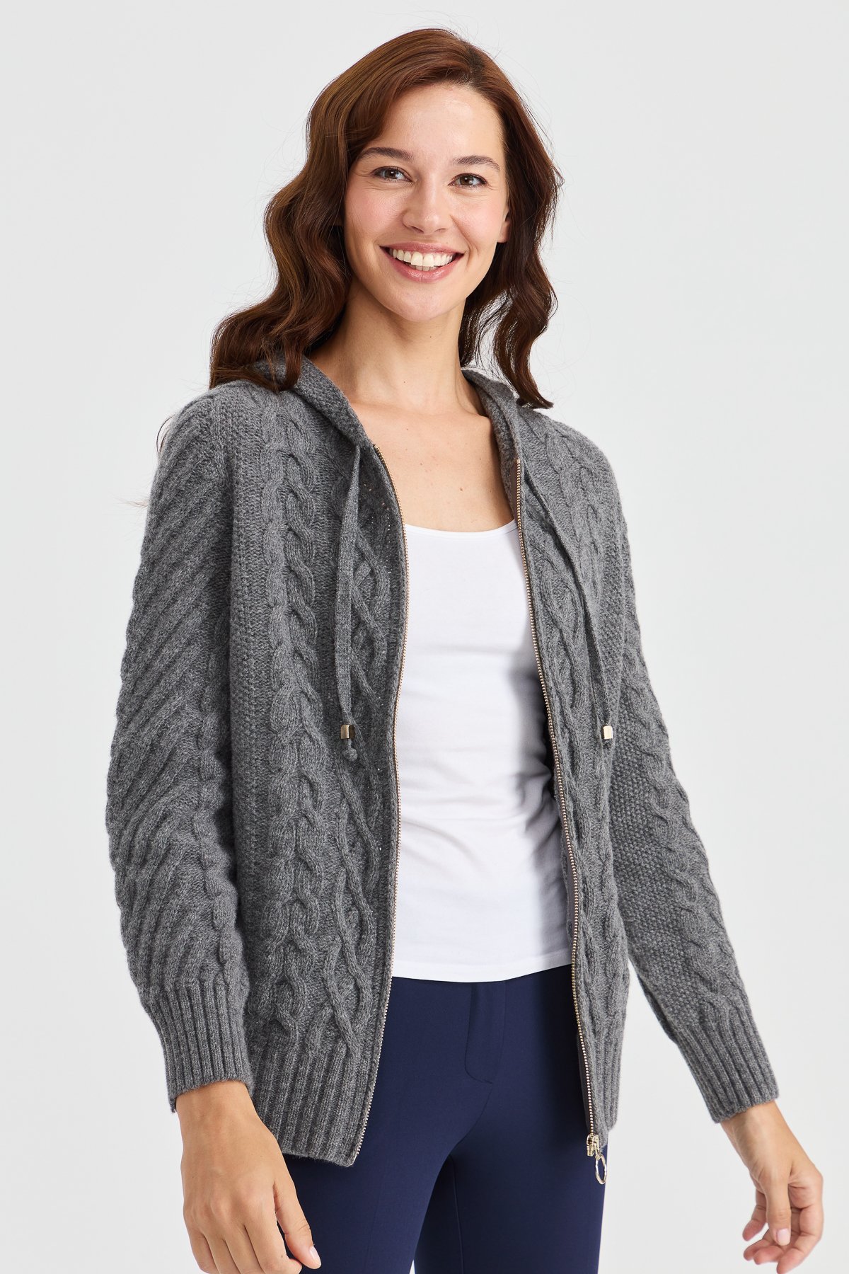 23198Kadın Kapüşonlu Saç Yürütme Örgülü Yün Ceket Füme