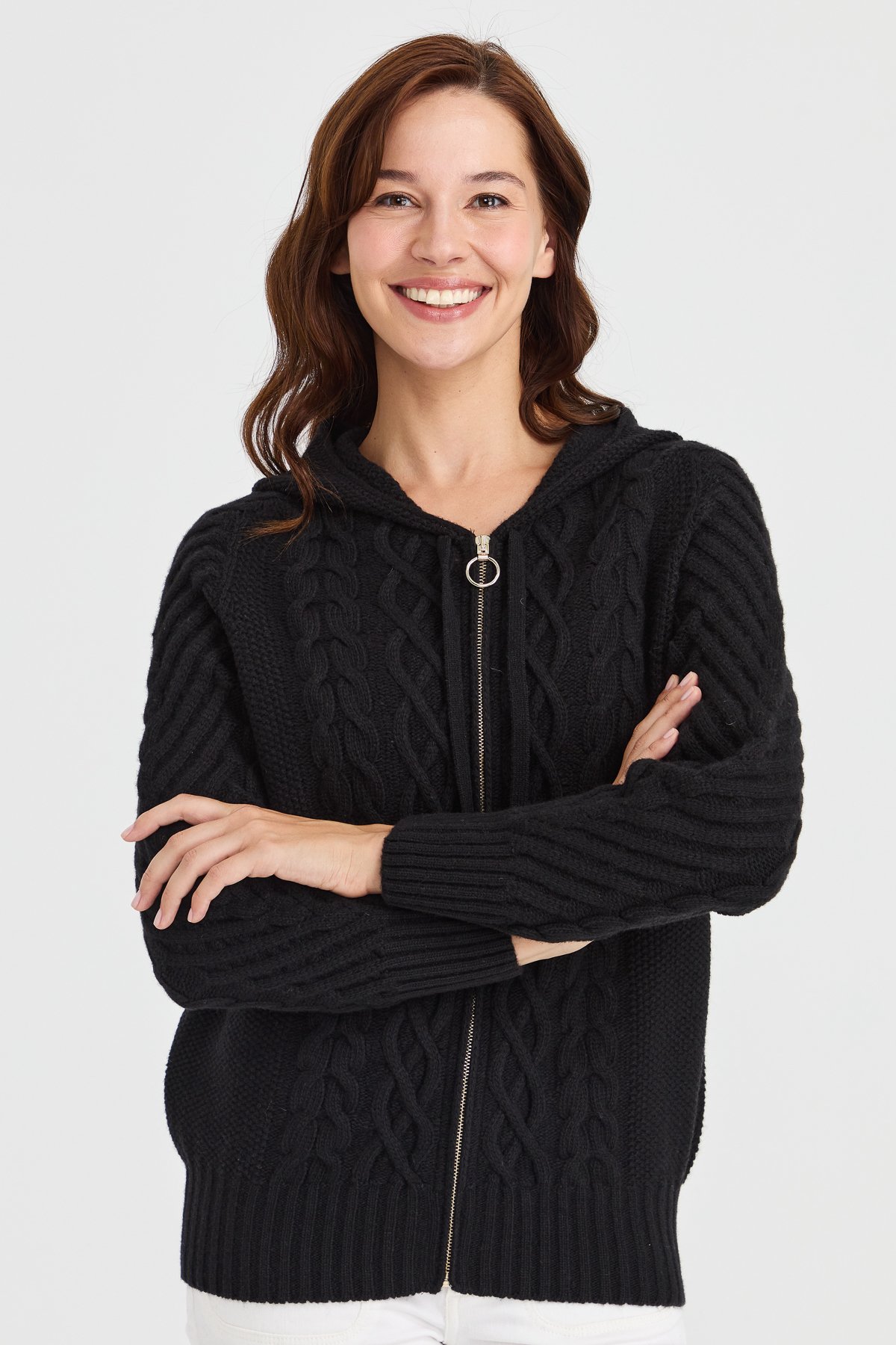 23198Kadın Kapüşonlu Saç Yürütme Örgülü Yün Ceket Siyah
