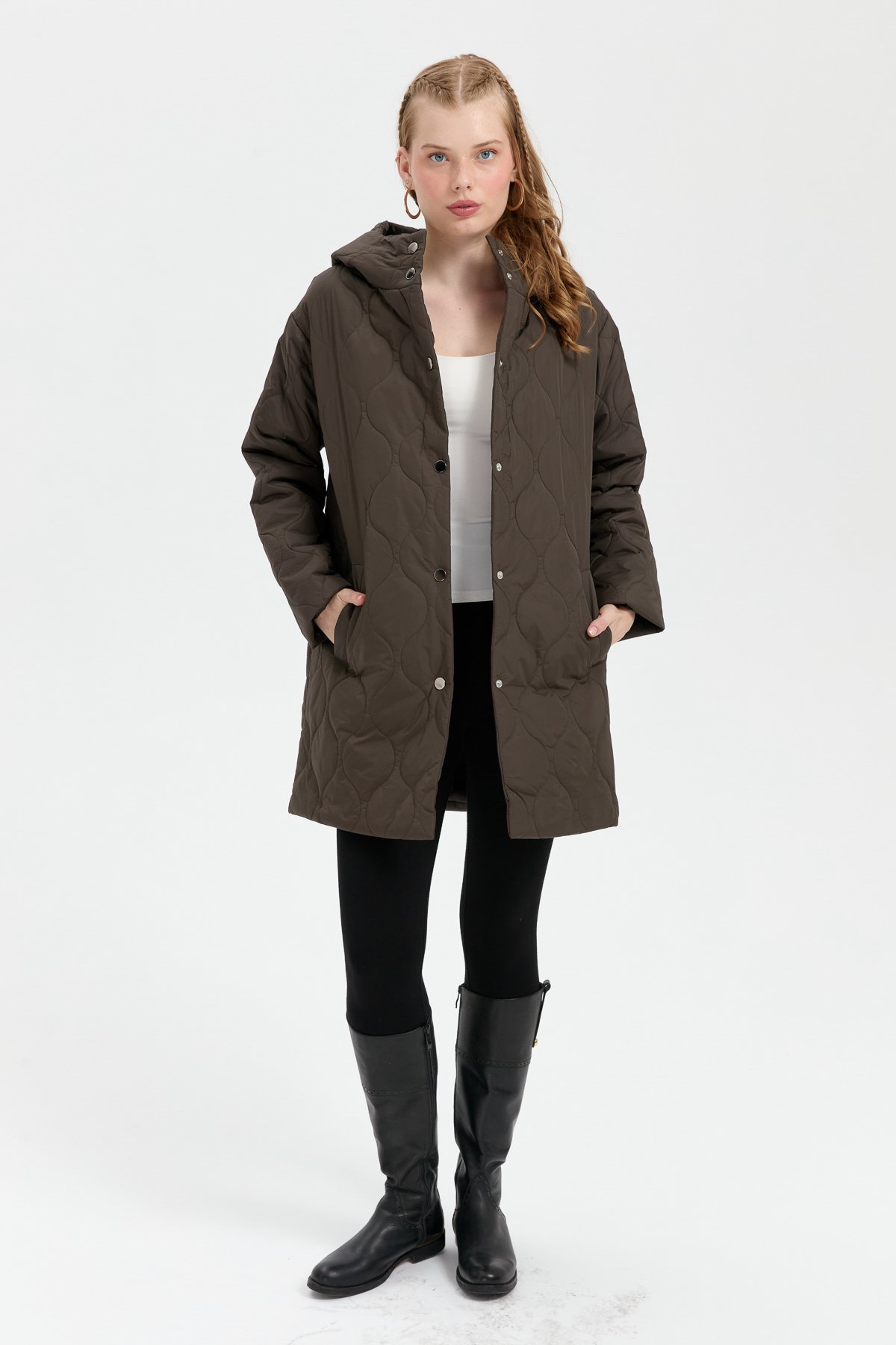 24411Kadın Kapüşonlu Soğan Desenli Araboy Kapitone Kaban Haki