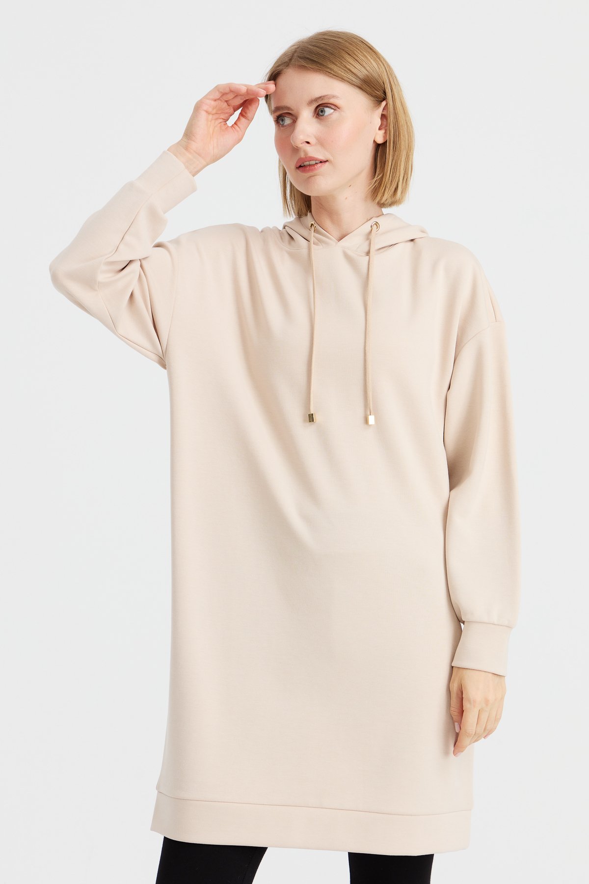 KMK23003Kadın Kapüşonlu Sweat Elbise Bej