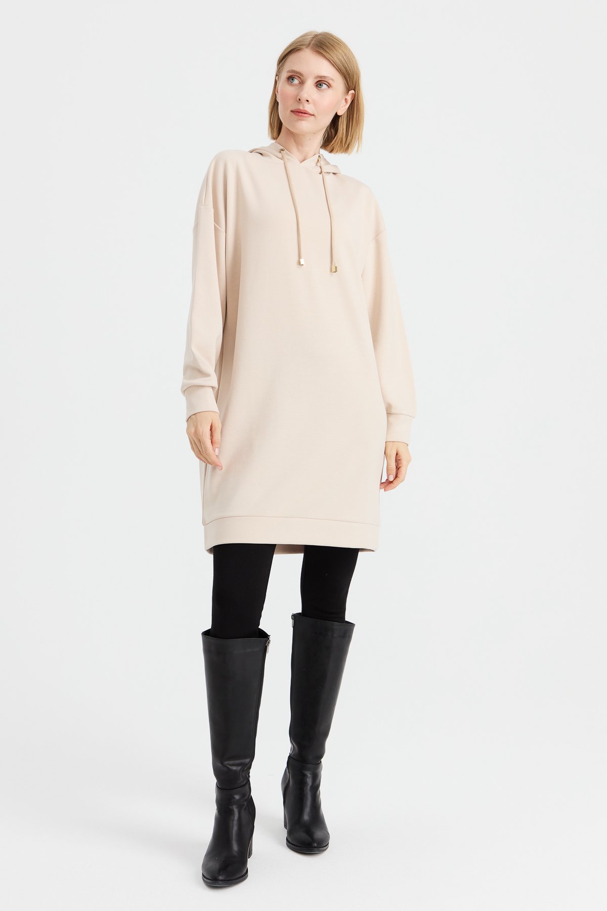 KMK23003Kadın Kapüşonlu Sweat Elbise Bej