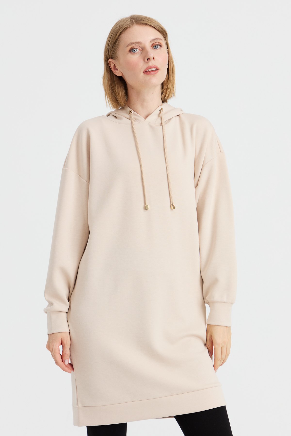 KMK23003Kadın Kapüşonlu Sweat Elbise Bej
