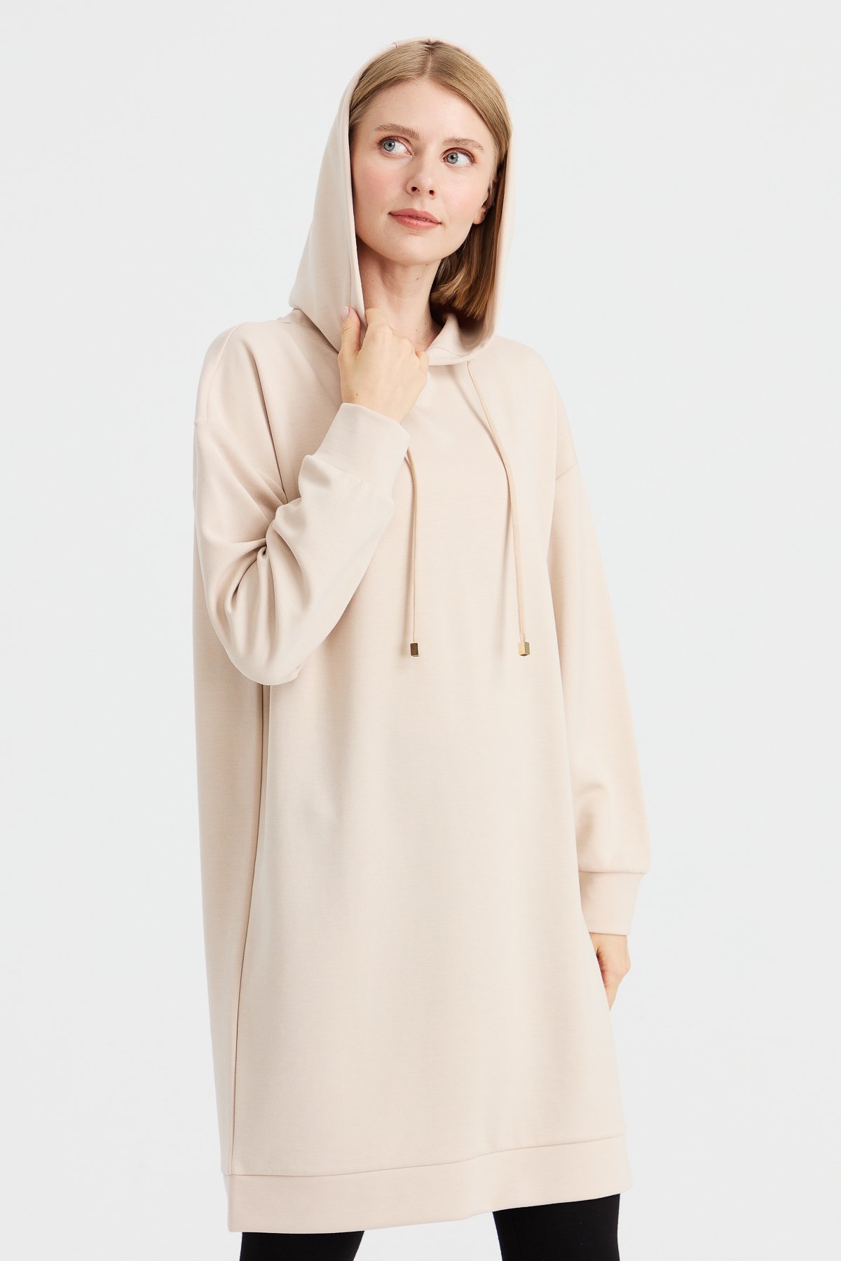 KMK23003Kadın Kapüşonlu Sweat Elbise Bej