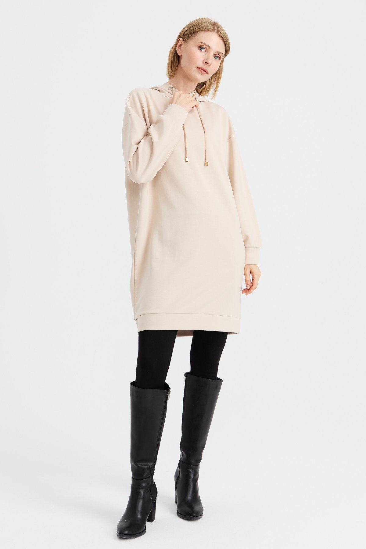 KMK23003Kadın Kapüşonlu Sweat Elbise Bej