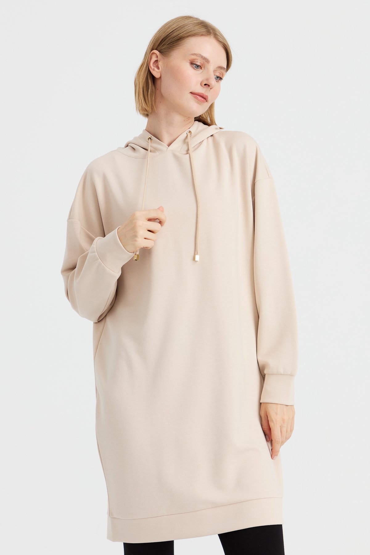 KMK23003Kadın Kapüşonlu Sweat Elbise Bej