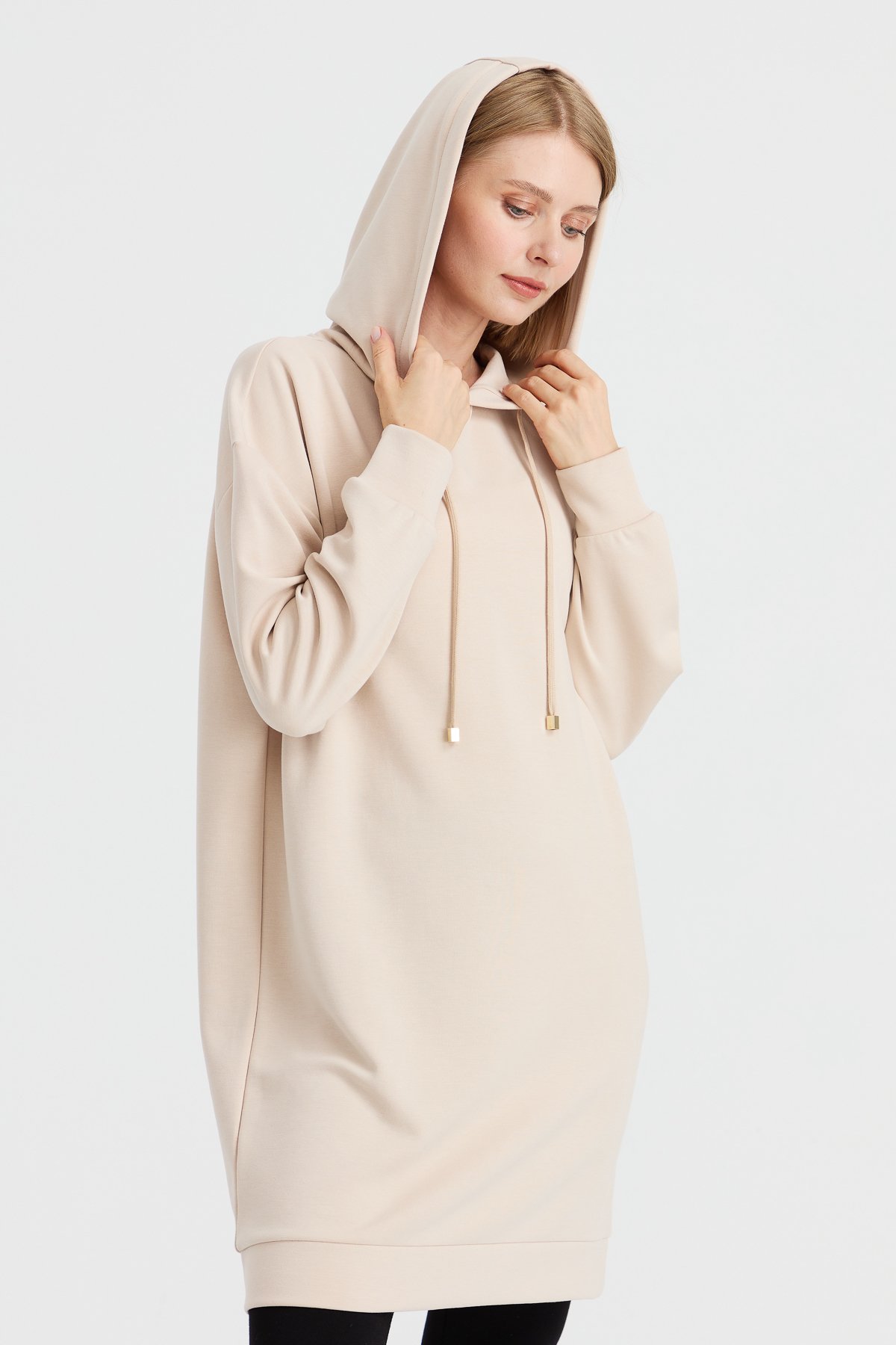 KMK23003Kadın Kapüşonlu Sweat Elbise Bej