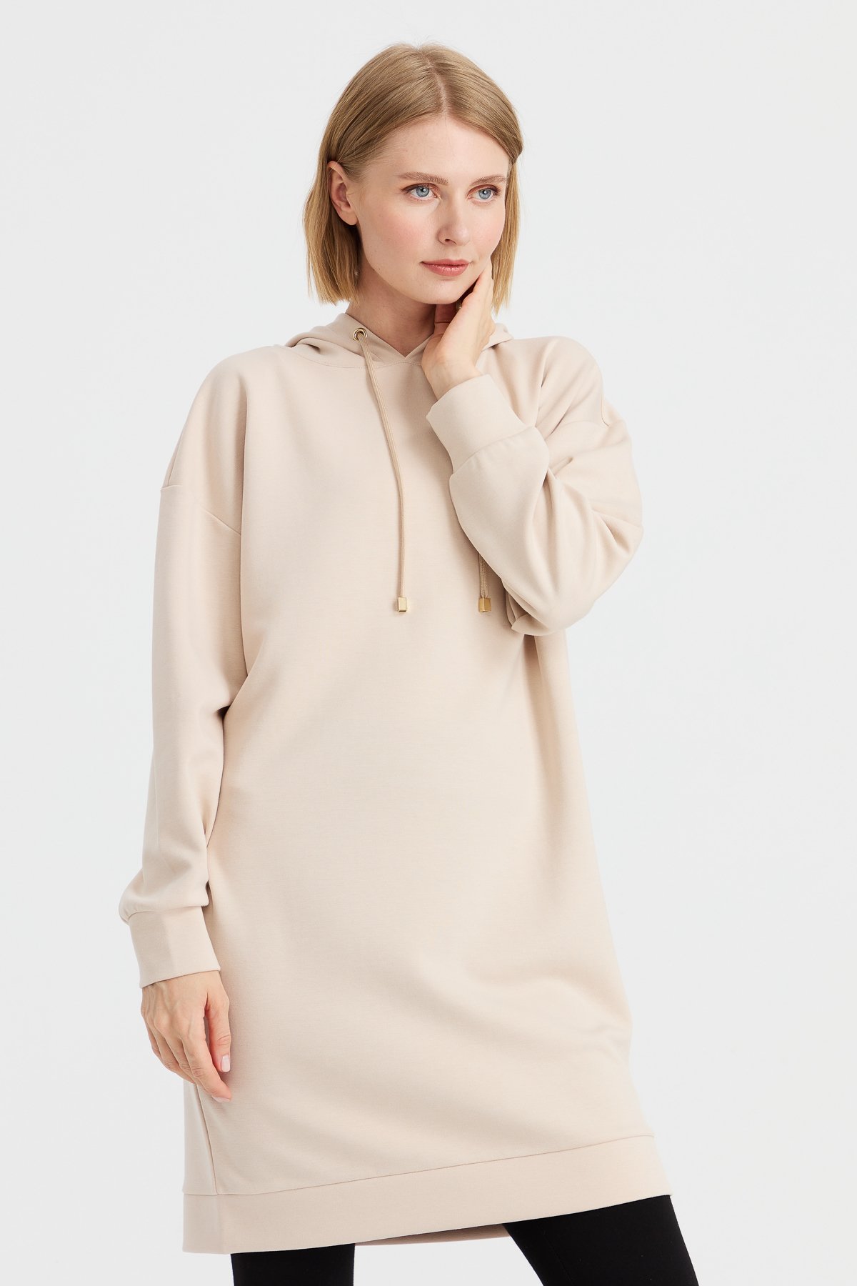 KMK23003Kadın Kapüşonlu Sweat Elbise Bej