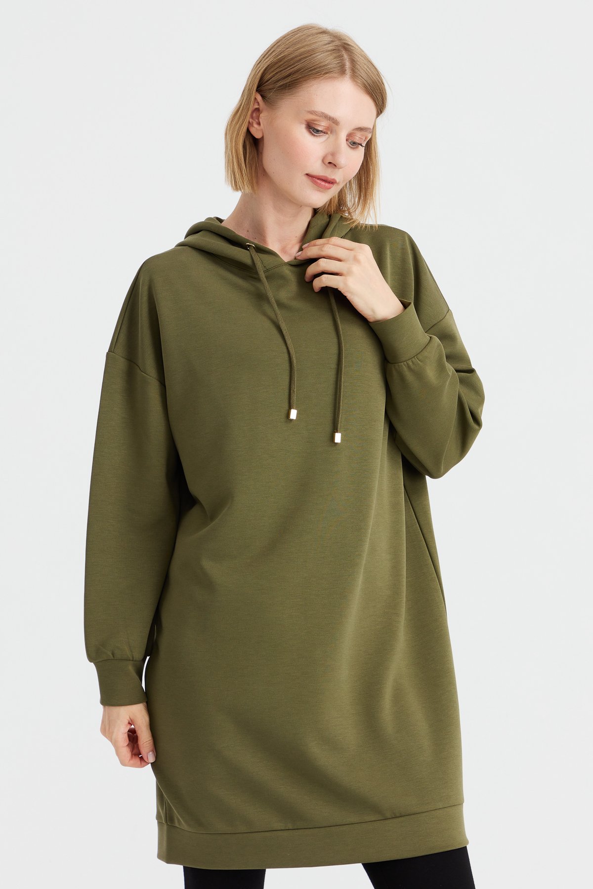 KMK23003Kadın Kapüşonlu Sweat Elbise Haki