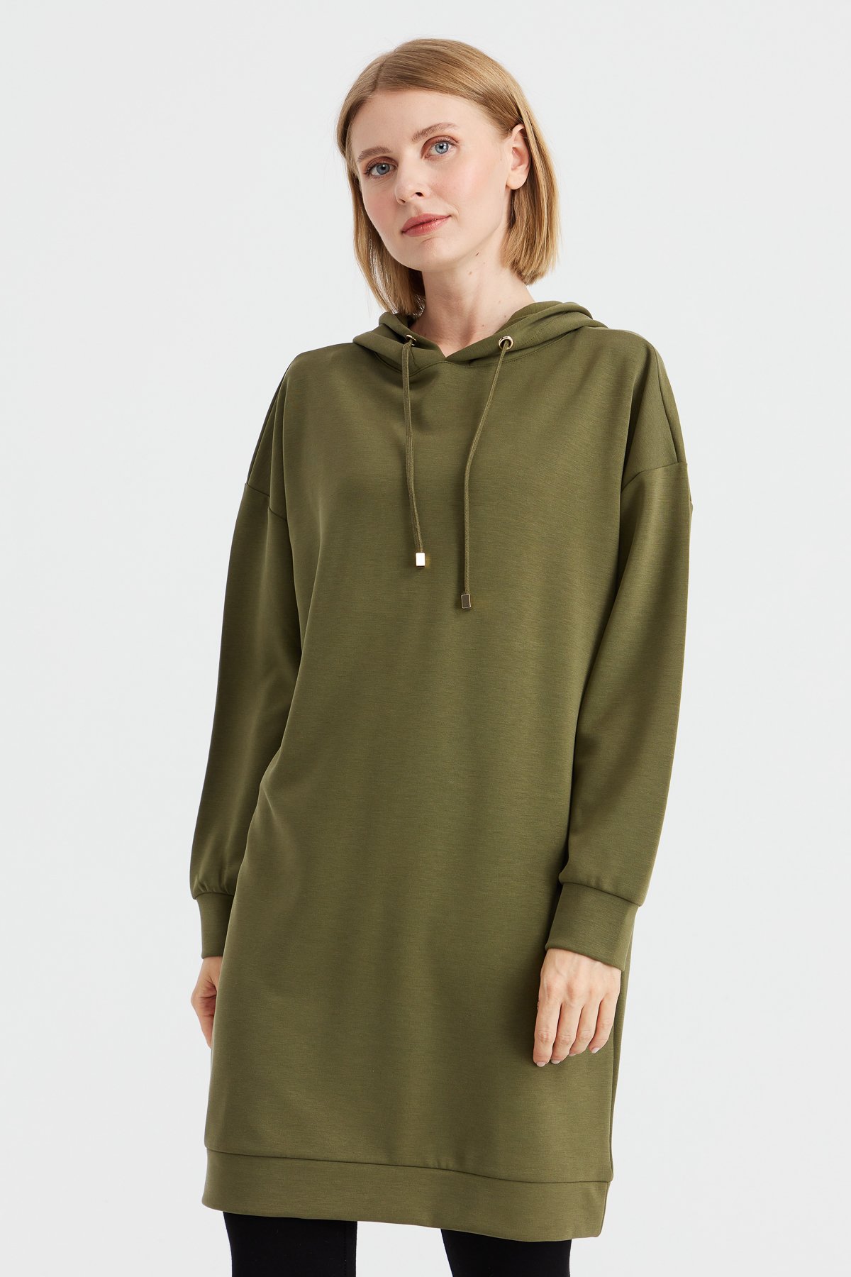 KMK23003Kadın Kapüşonlu Sweat Elbise Haki