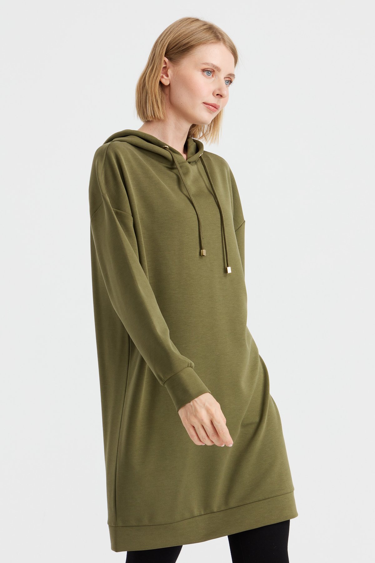 KMK23003Kadın Kapüşonlu Sweat Elbise Haki