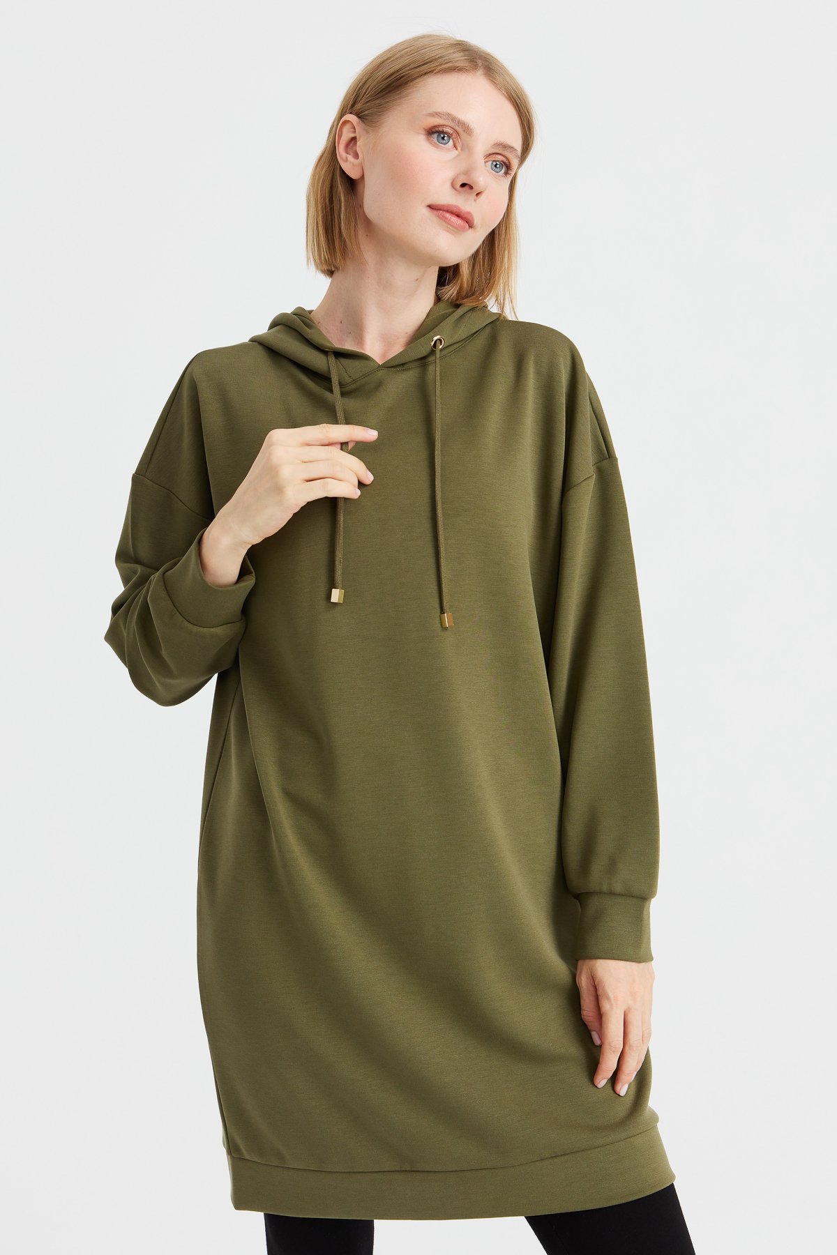 KMK23003Kadın Kapüşonlu Sweat Elbise Haki