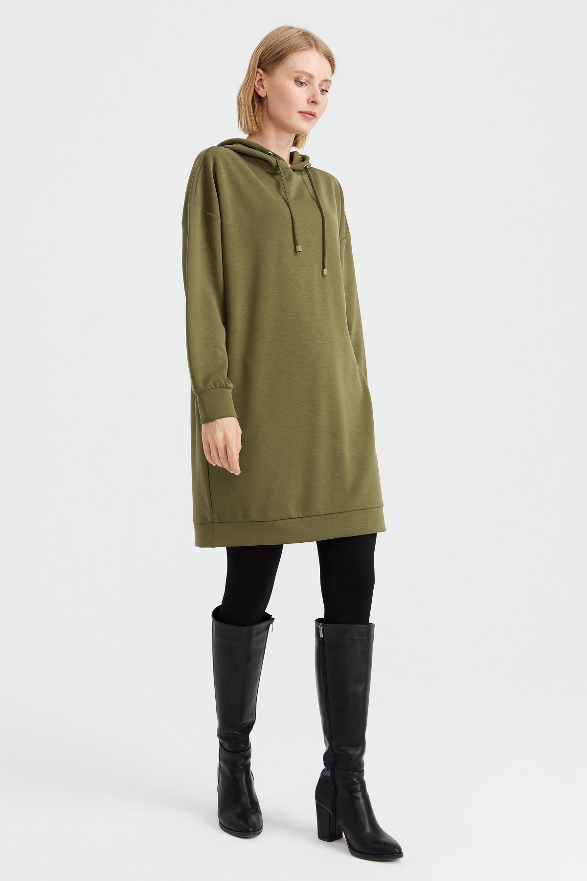 KMK23003Kadın Kapüşonlu Sweat Elbise Haki