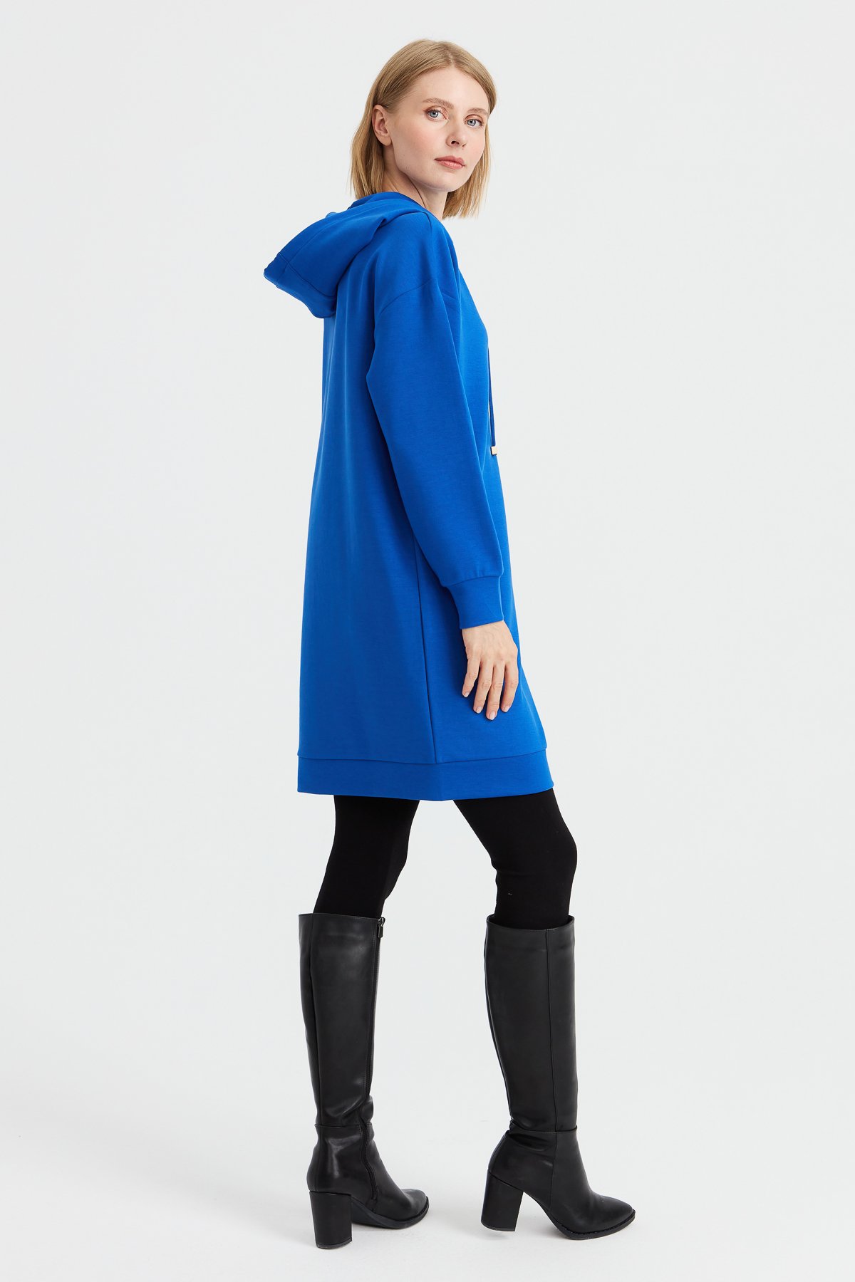 KMK23003Kadın Kapüşonlu Sweat Elbise Saks