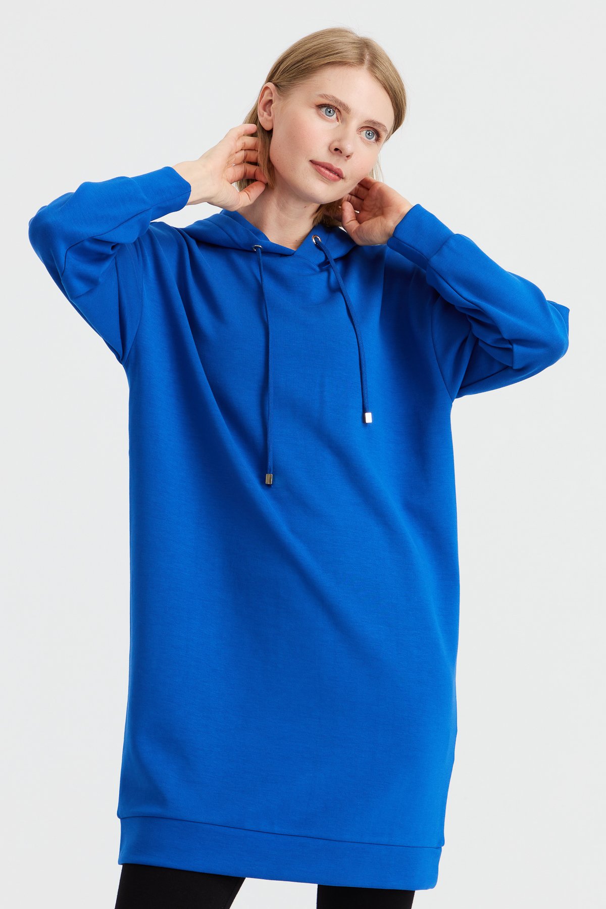 KMK23003Kadın Kapüşonlu Sweat Elbise Saks