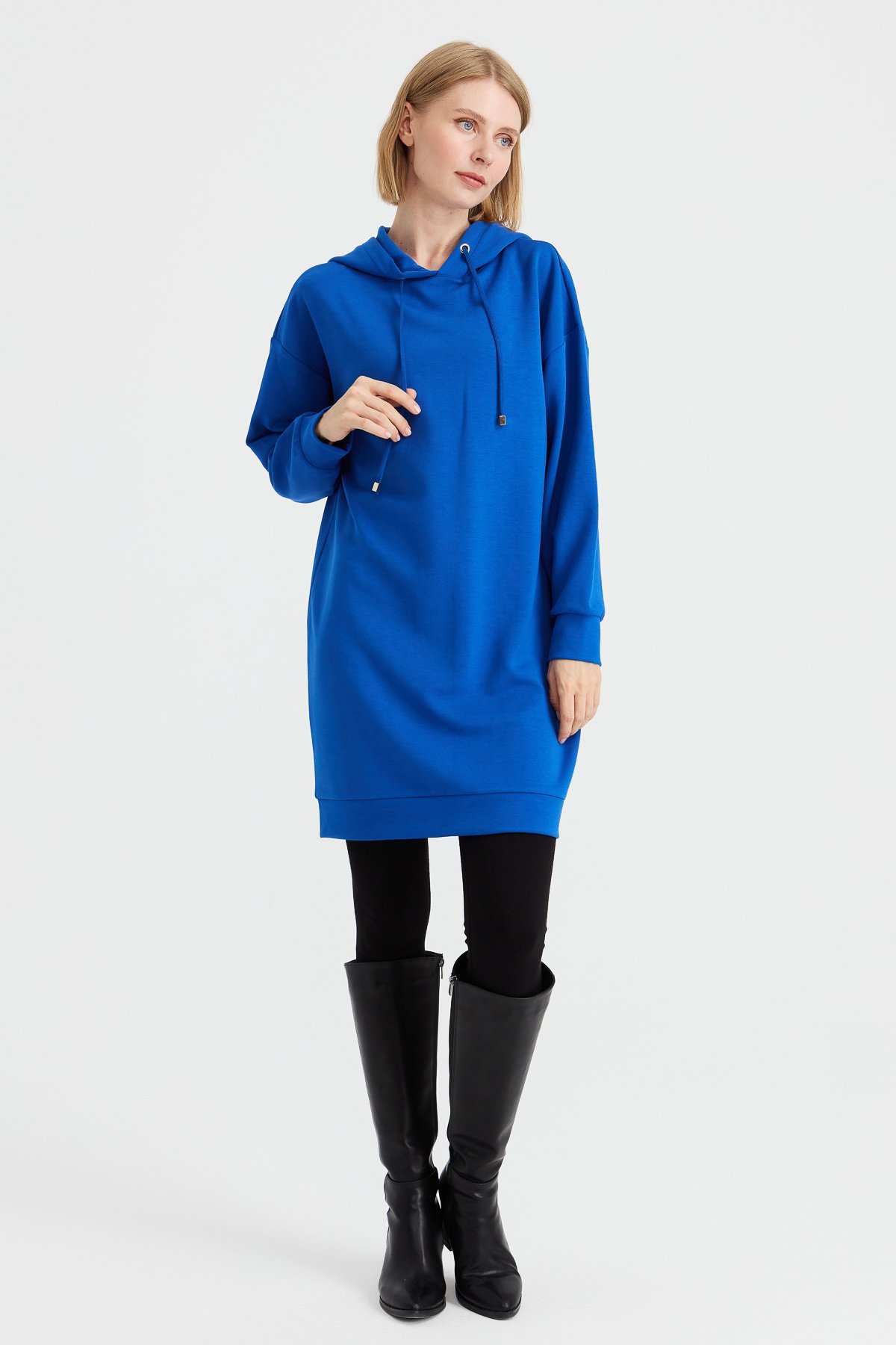 KMK23003Kadın Kapüşonlu Sweat Elbise Saks