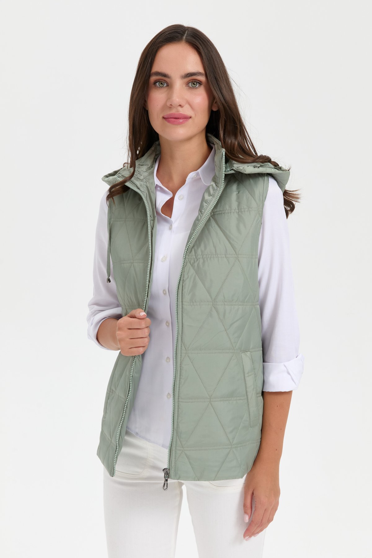 24414Kadın Kapüşonlu Üçgen Desenli Kısa Kapitone Yelek S.Yeşili