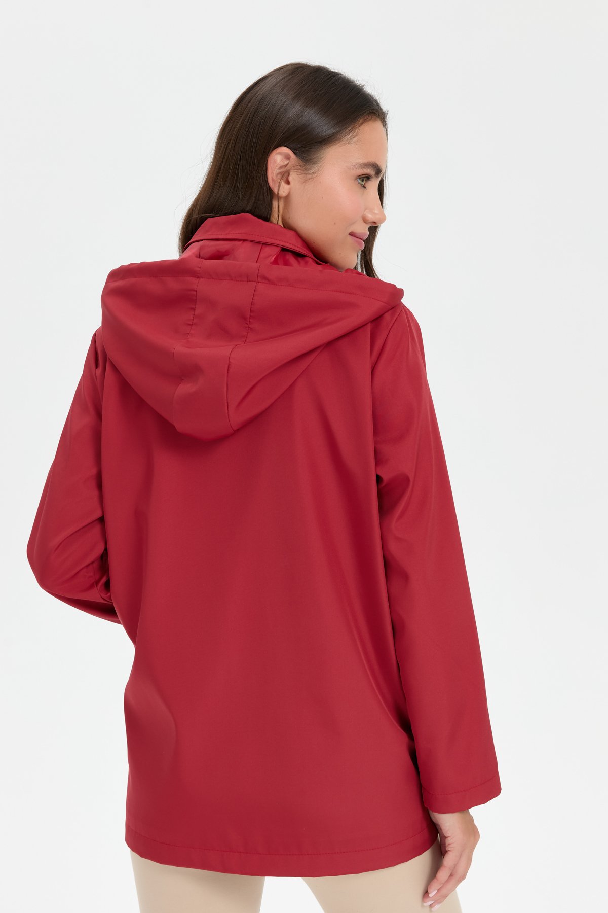 24417Kadın Kapüşonlu Yan Cepli Kısa Trençkot Kiremit