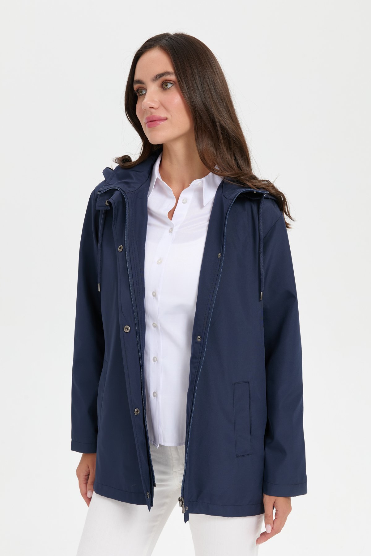 24417Kadın Kapüşonlu Yan Cepli Kısa Trençkot Lacivert