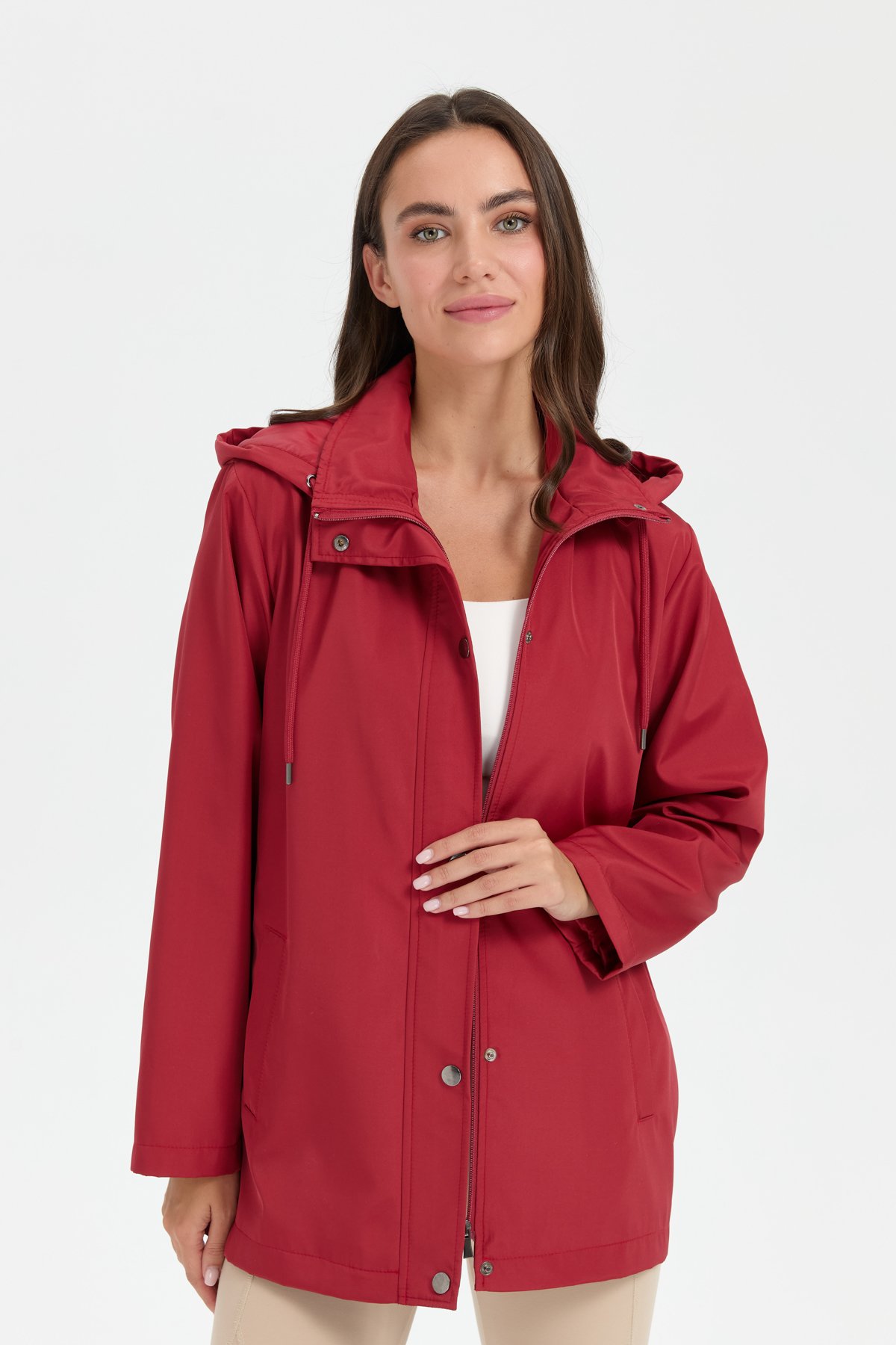 24417Kadın Kapüşonlu Yan Cepli Kısa Trençkot Kiremit