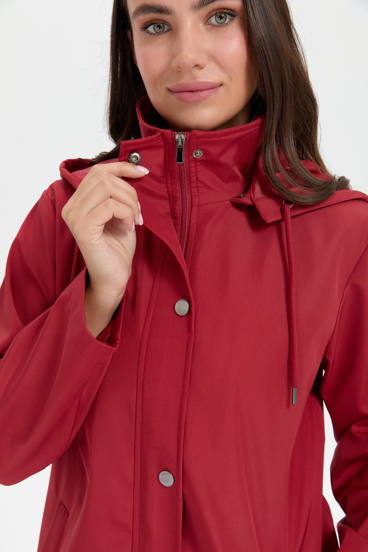 24417Kadın Kapüşonlu Yan Cepli Kısa Trençkot Kiremit