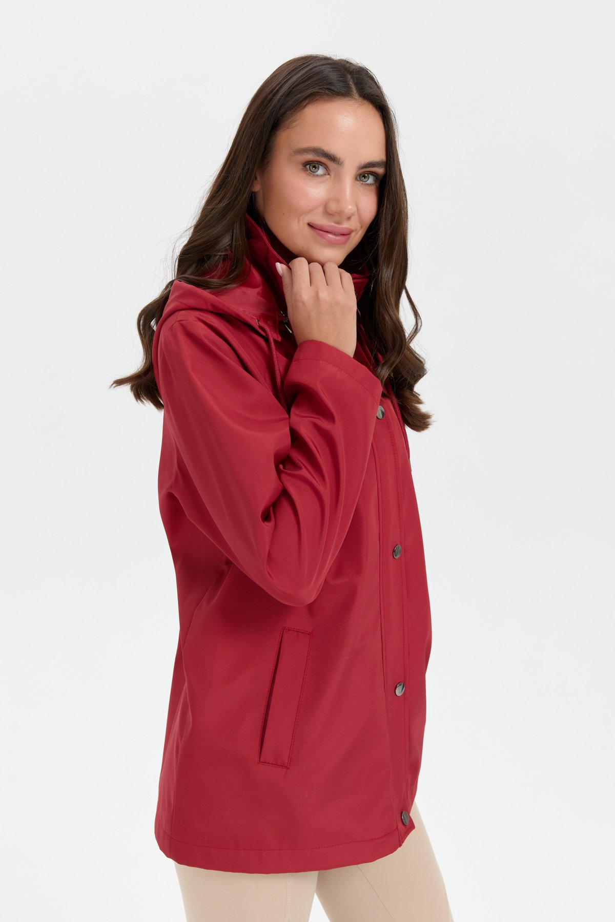 24417Kadın Kapüşonlu Yan Cepli Kısa Trençkot Kiremit