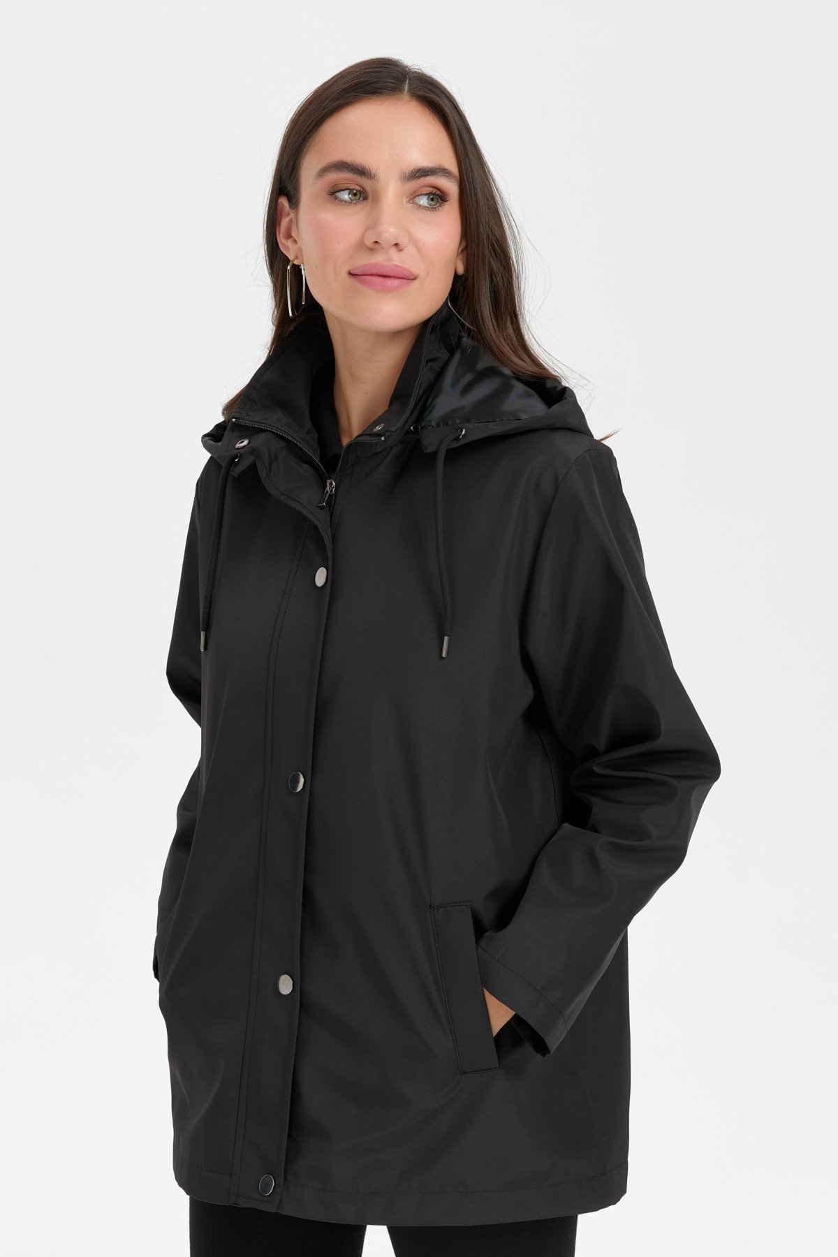 24417Kadın Kapüşonlu Yan Cepli Kısa Trençkot Siyah