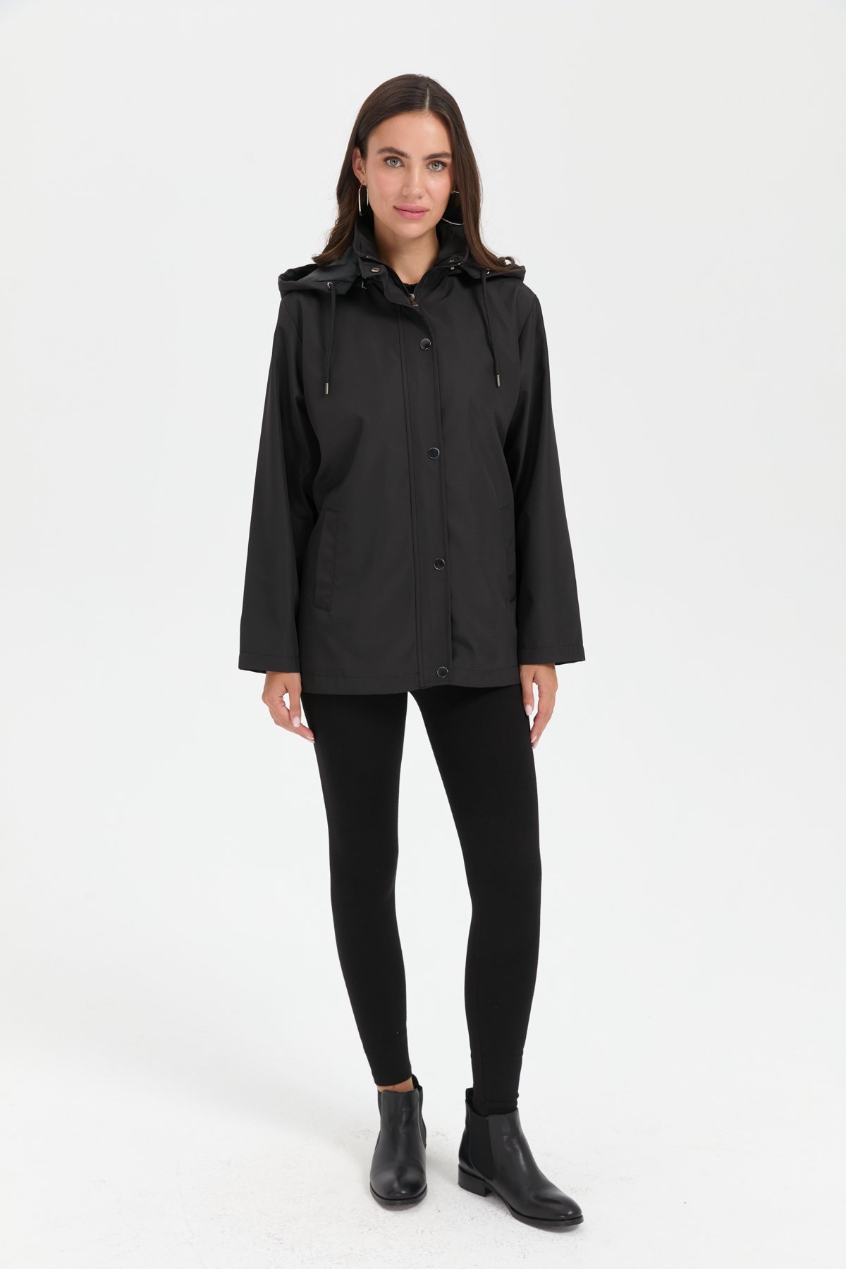 24417Kadın Kapüşonlu Yan Cepli Kısa Trençkot Siyah