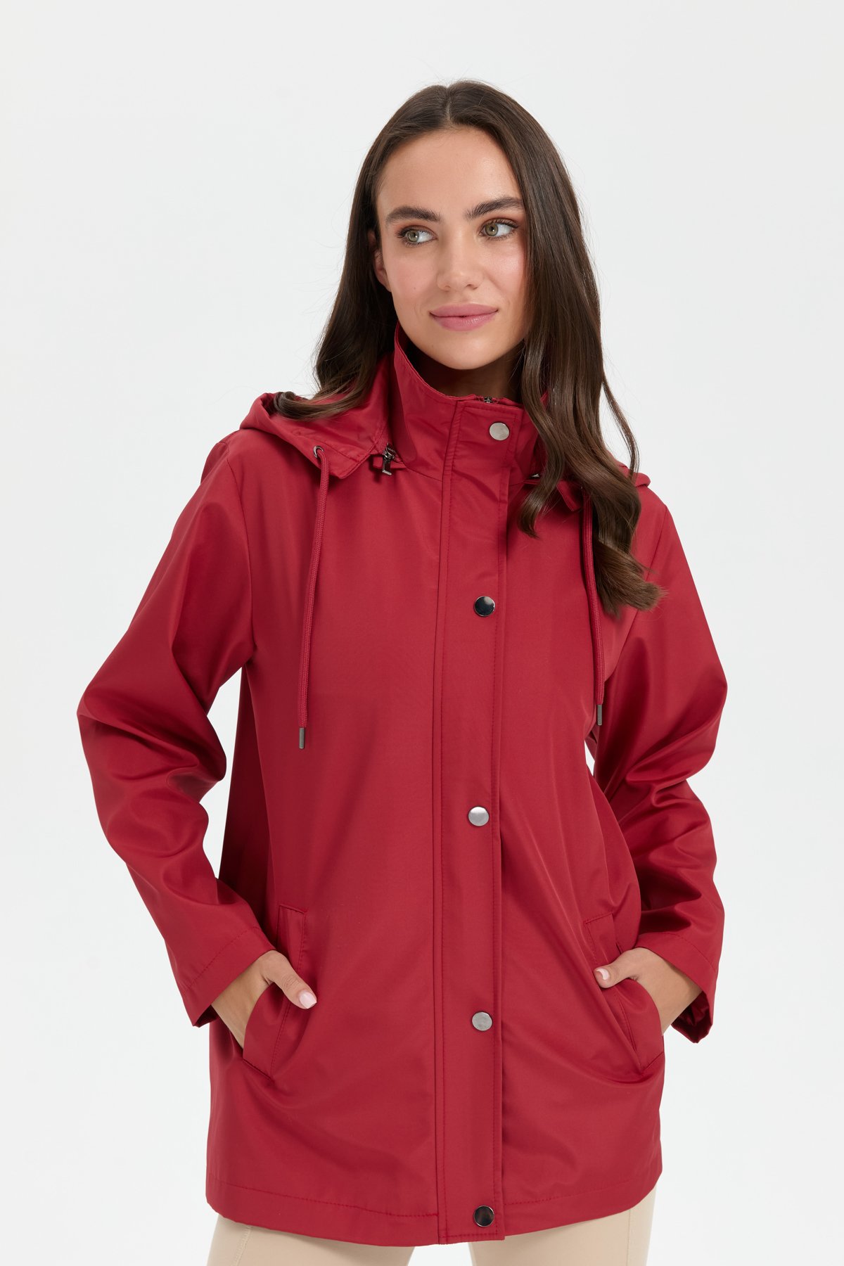 24417Kadın Kapüşonlu Yan Cepli Kısa Trençkot Kiremit