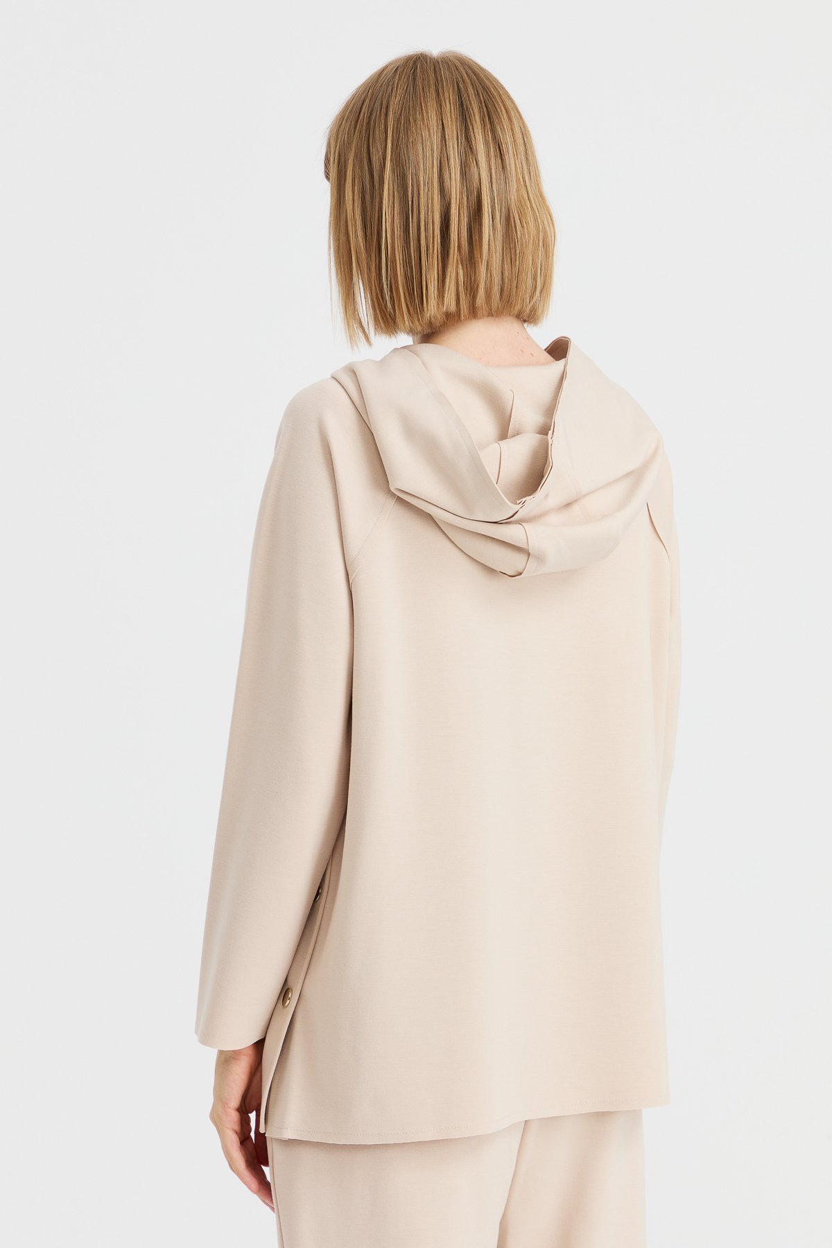 KMK23004Kadın Kapüşonlu Yanı Çıtçıtlı Cepli Sweat Bej