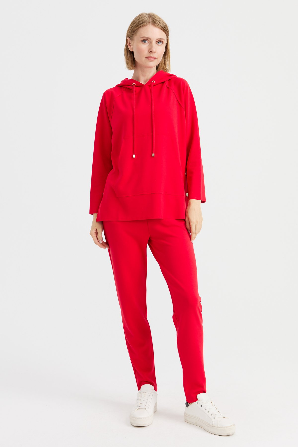 KMK23004Kadın Kapüşonlu Yanı Çıtçıtlı Cepli Sweat Kırmızı