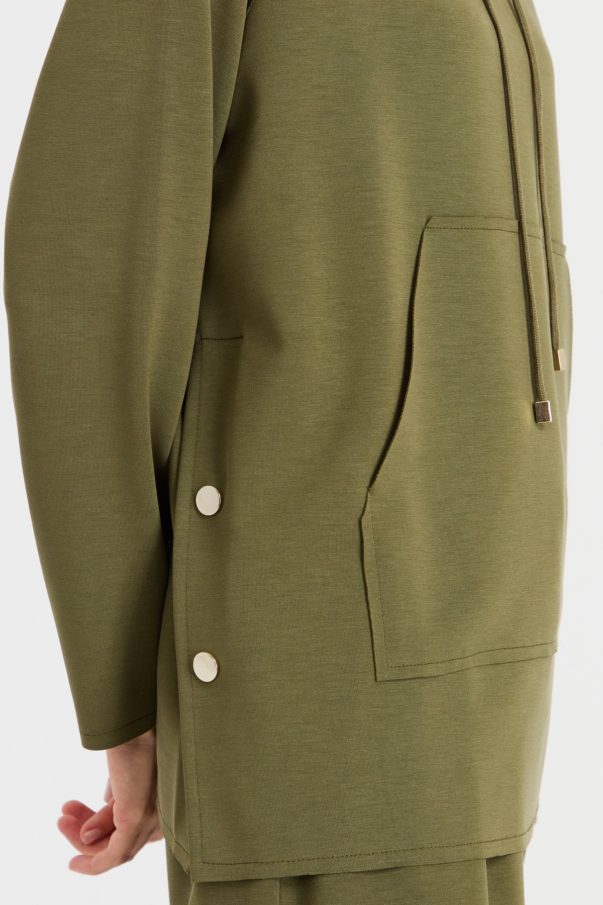 KMK23004Kadın Kapüşonlu Yanı Çıtçıtlı Cepli Sweat Haki