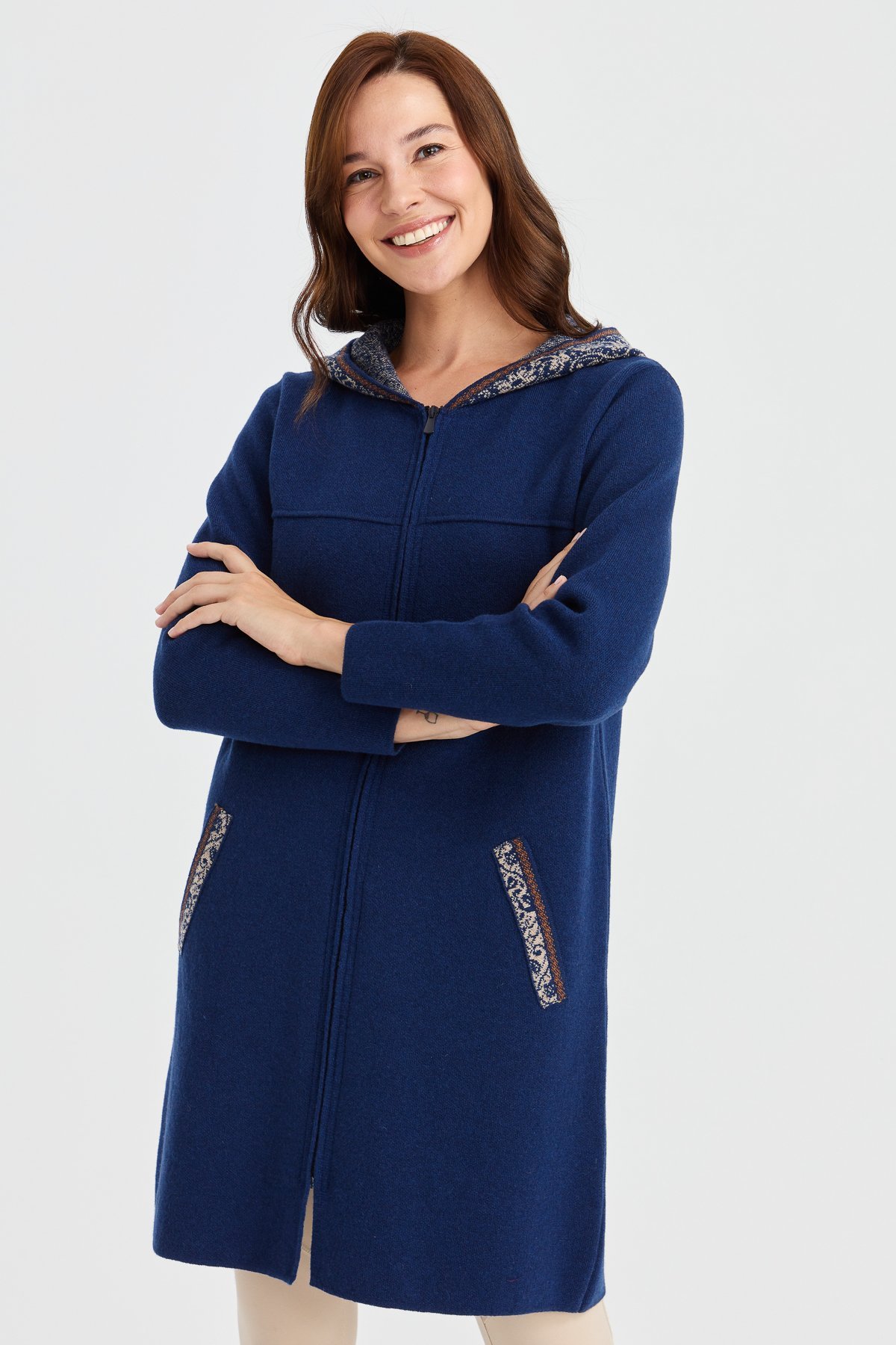 22156Kadın Kapüşonlu Yün Kaban İndigo