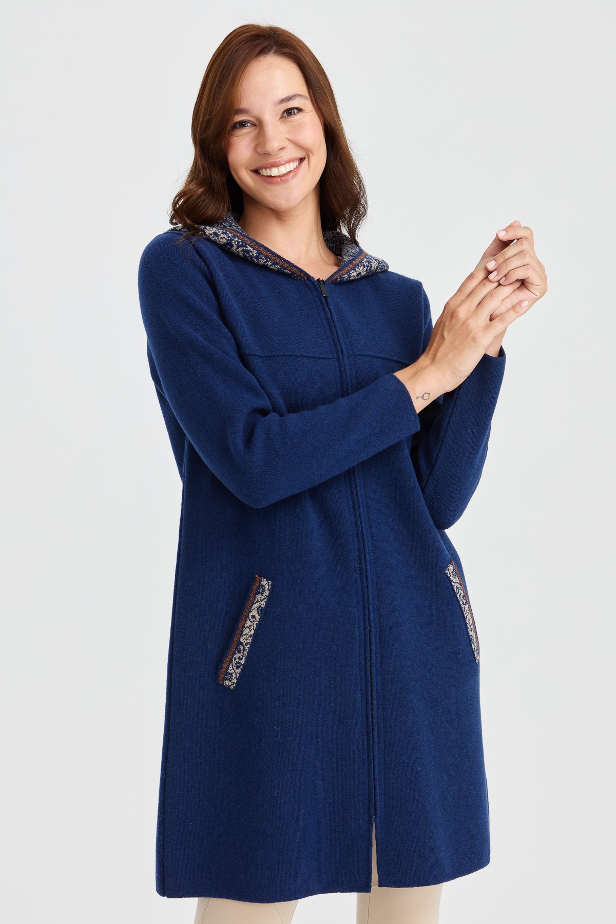 22156Kadın Kapüşonlu Yün Kaban İndigo