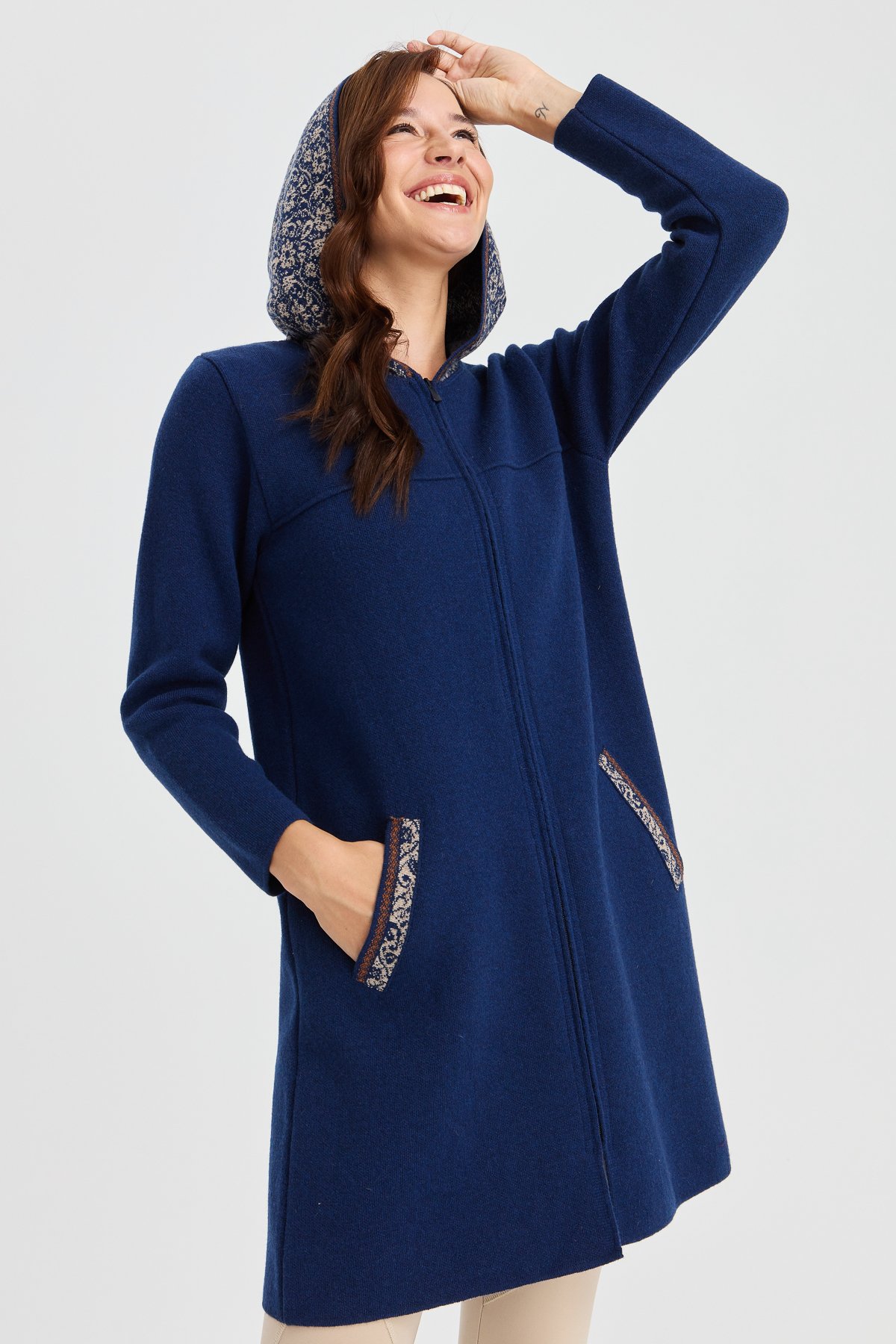 22156Kadın Kapüşonlu Yün Kaban İndigo