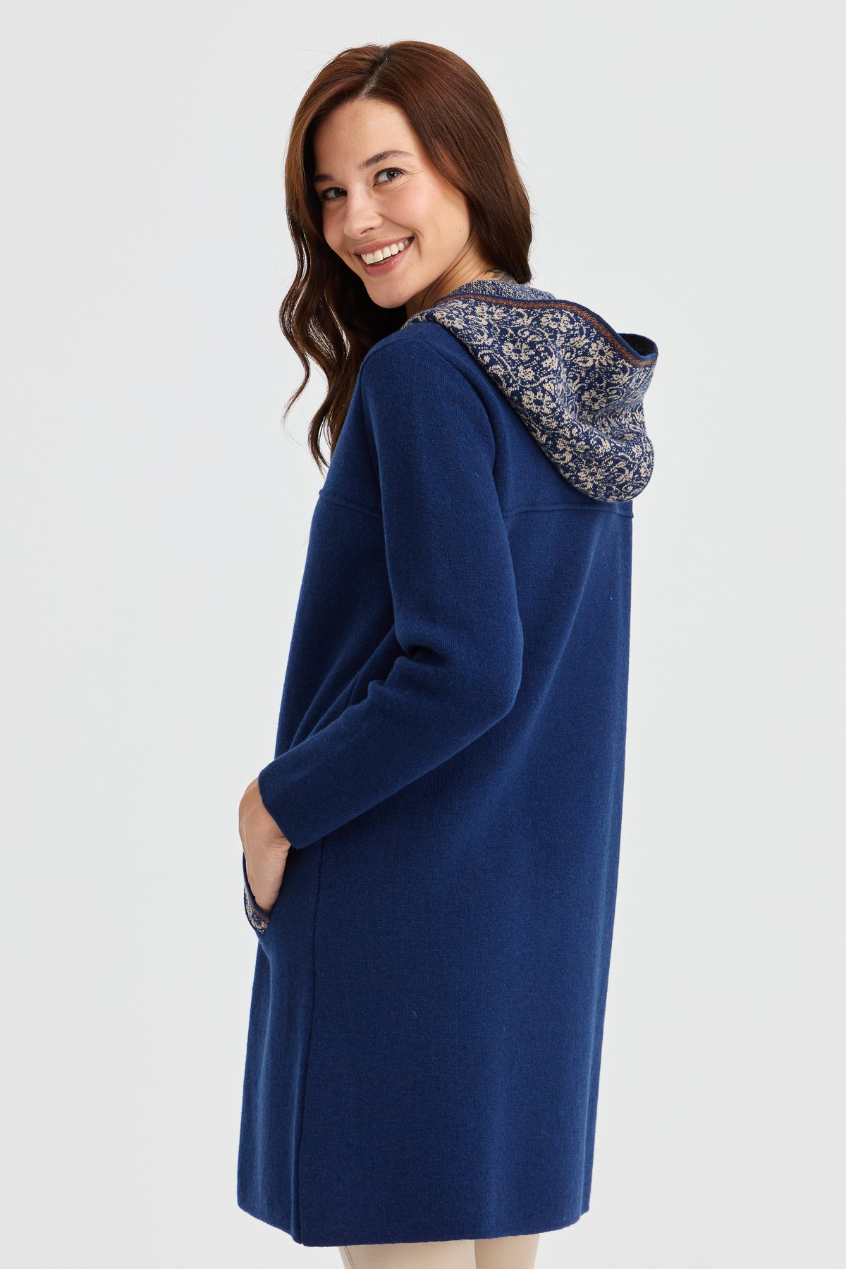 22156Kadın Kapüşonlu Yün Kaban İndigo