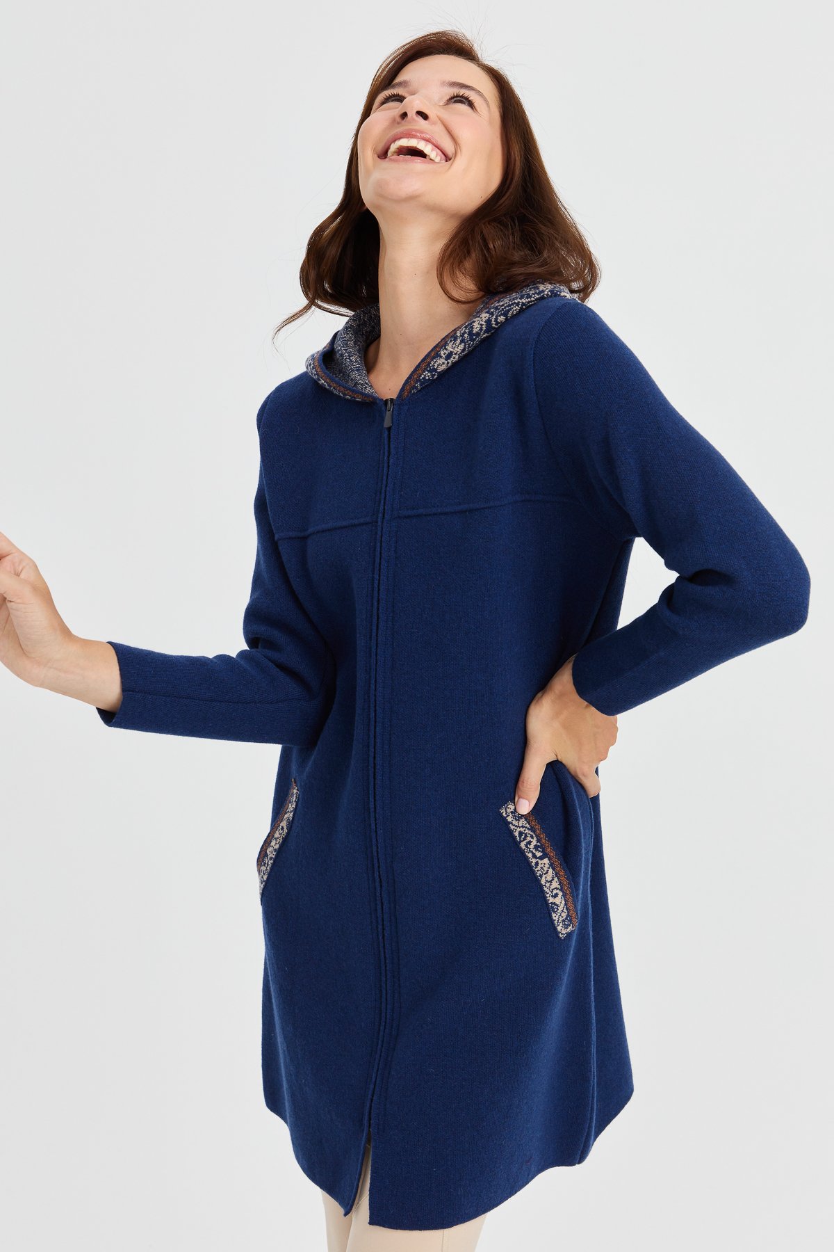 22156Kadın Kapüşonlu Yün Kaban İndigo