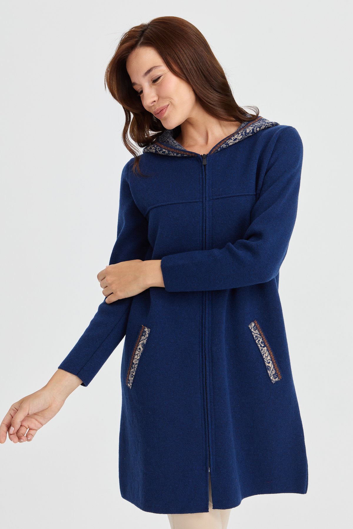 22156Kadın Kapüşonlu Yün Kaban İndigo