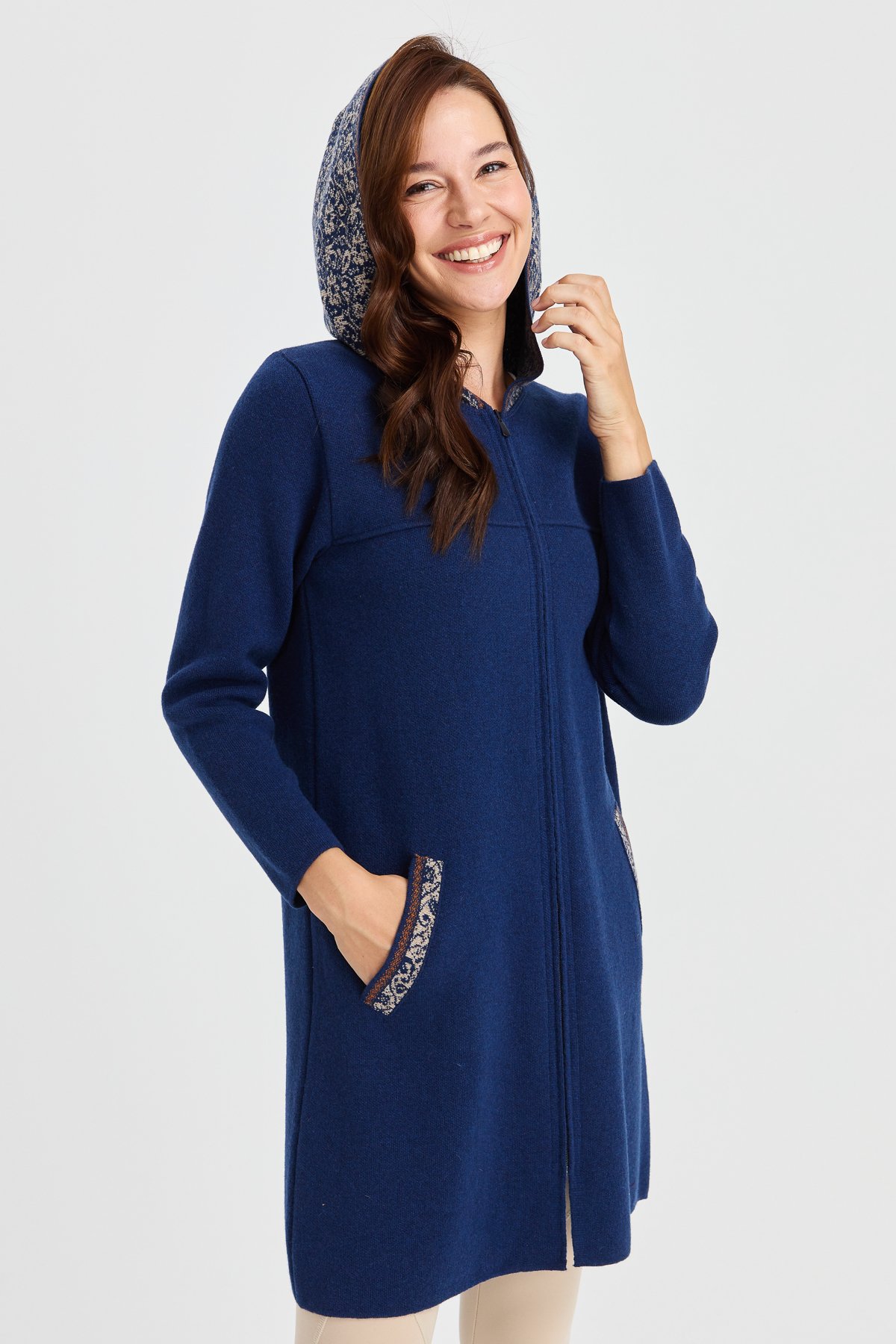 22156Kadın Kapüşonlu Yün Kaban İndigo