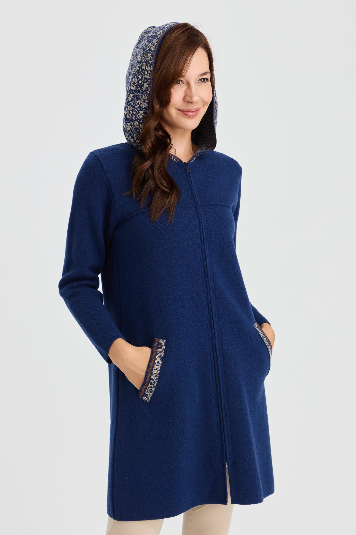 22156Kadın Kapüşonlu Yün Kaban İndigo